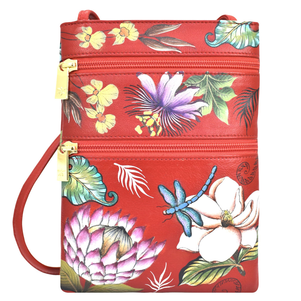 Mini Double Zip Travel Crossbody - 448 Hand painted original artwork. Genuine leather - Floral
