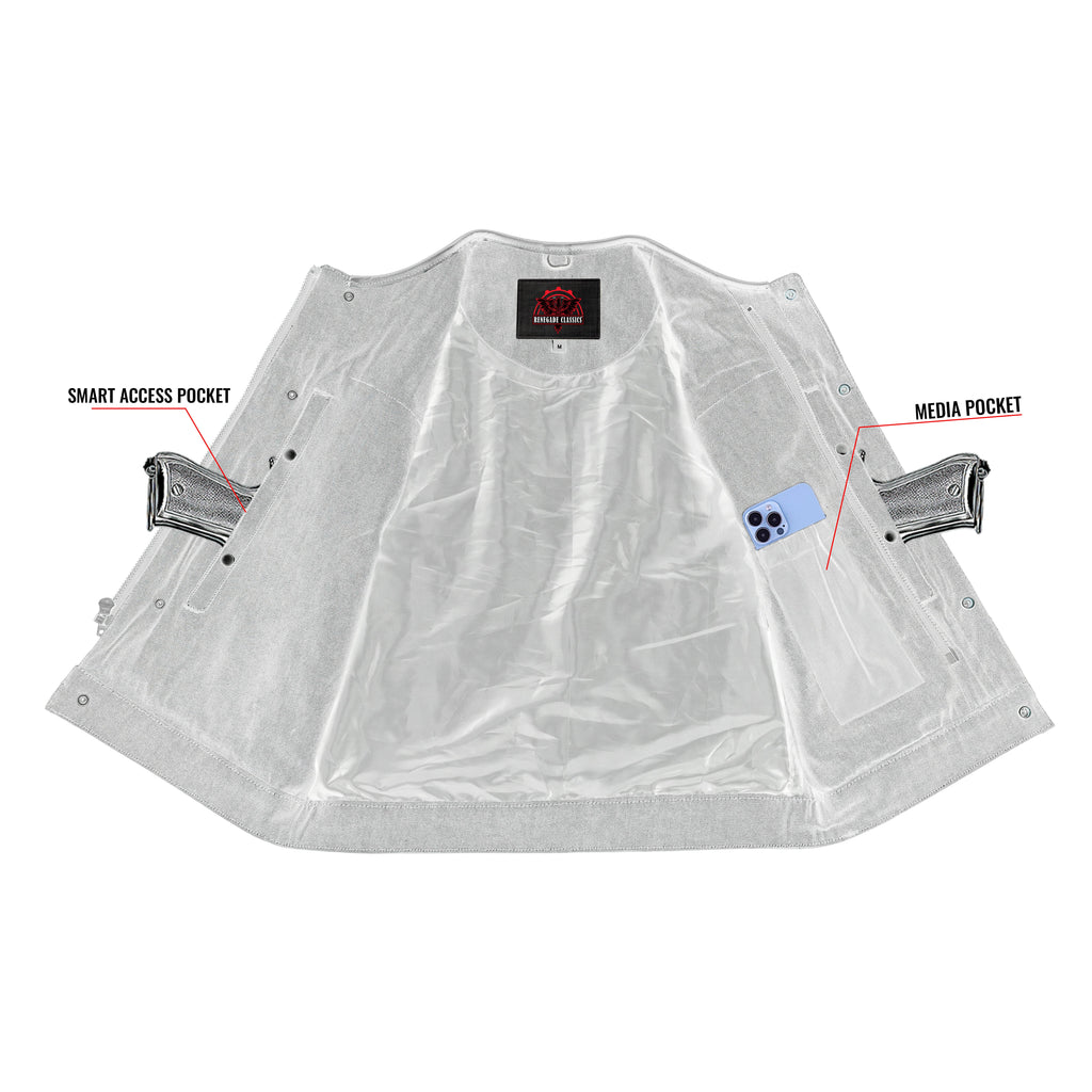 Men's Leather-Denim Combo Motorcycle  Vest - No Collar