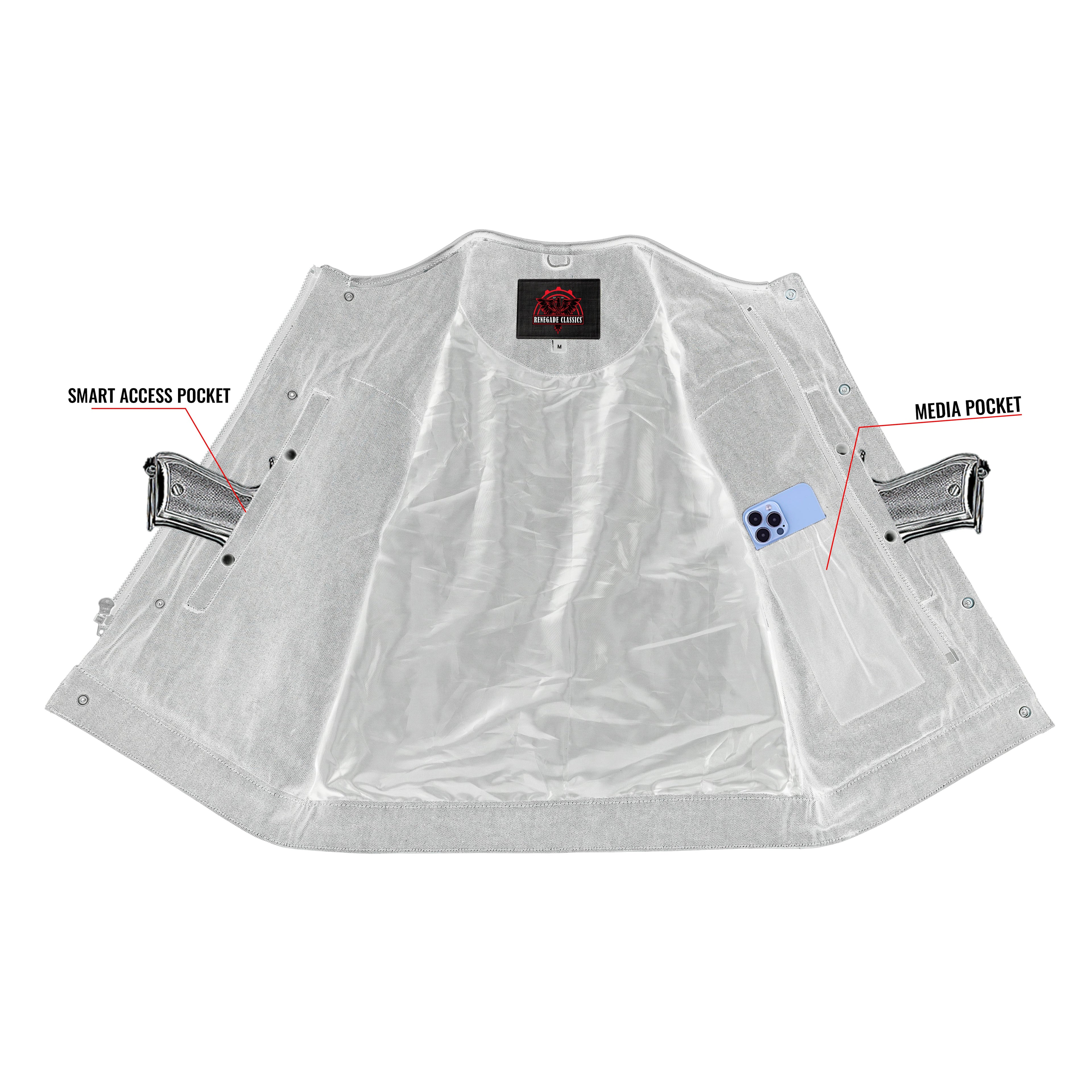 Men's Leather-Denim Combo Motorcycle  Vest - No Collar