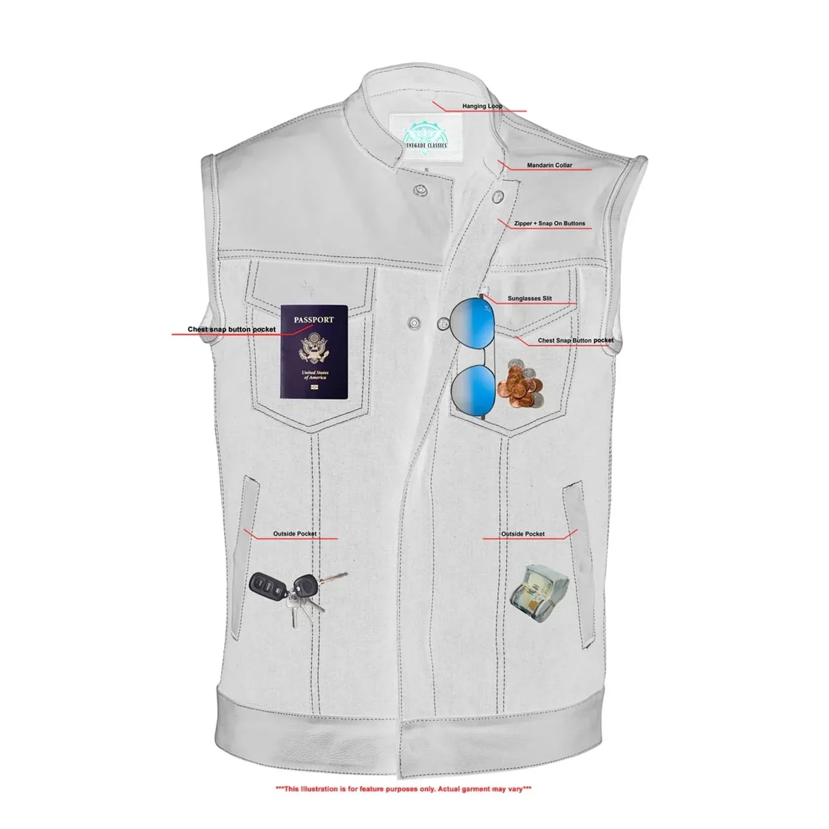 Men's Leather-Denim Combo Motorcycle Vest w/ Scoop Collar