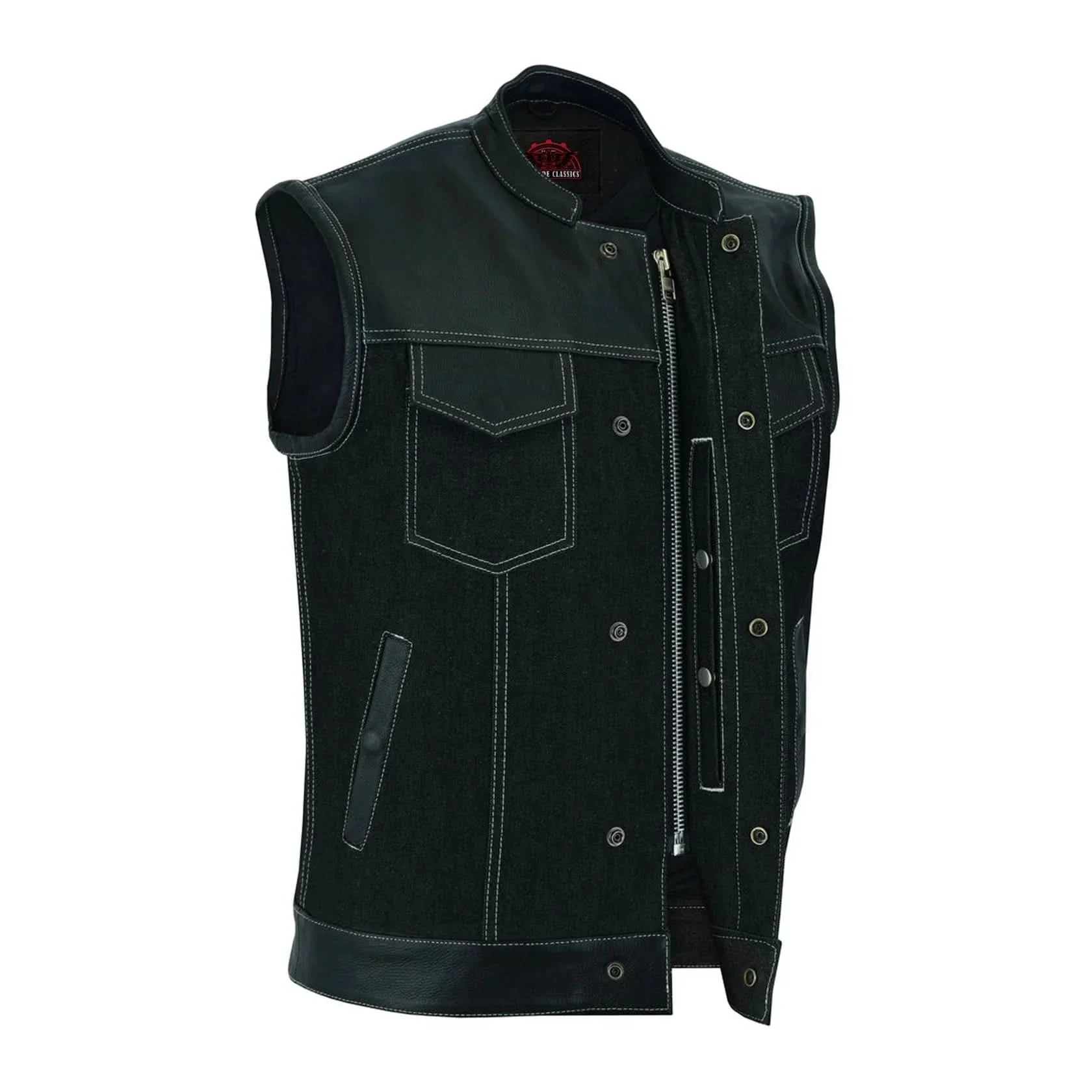 Men's Leather-Denim Combo Motorcycle Vest w/ Scoop Collar