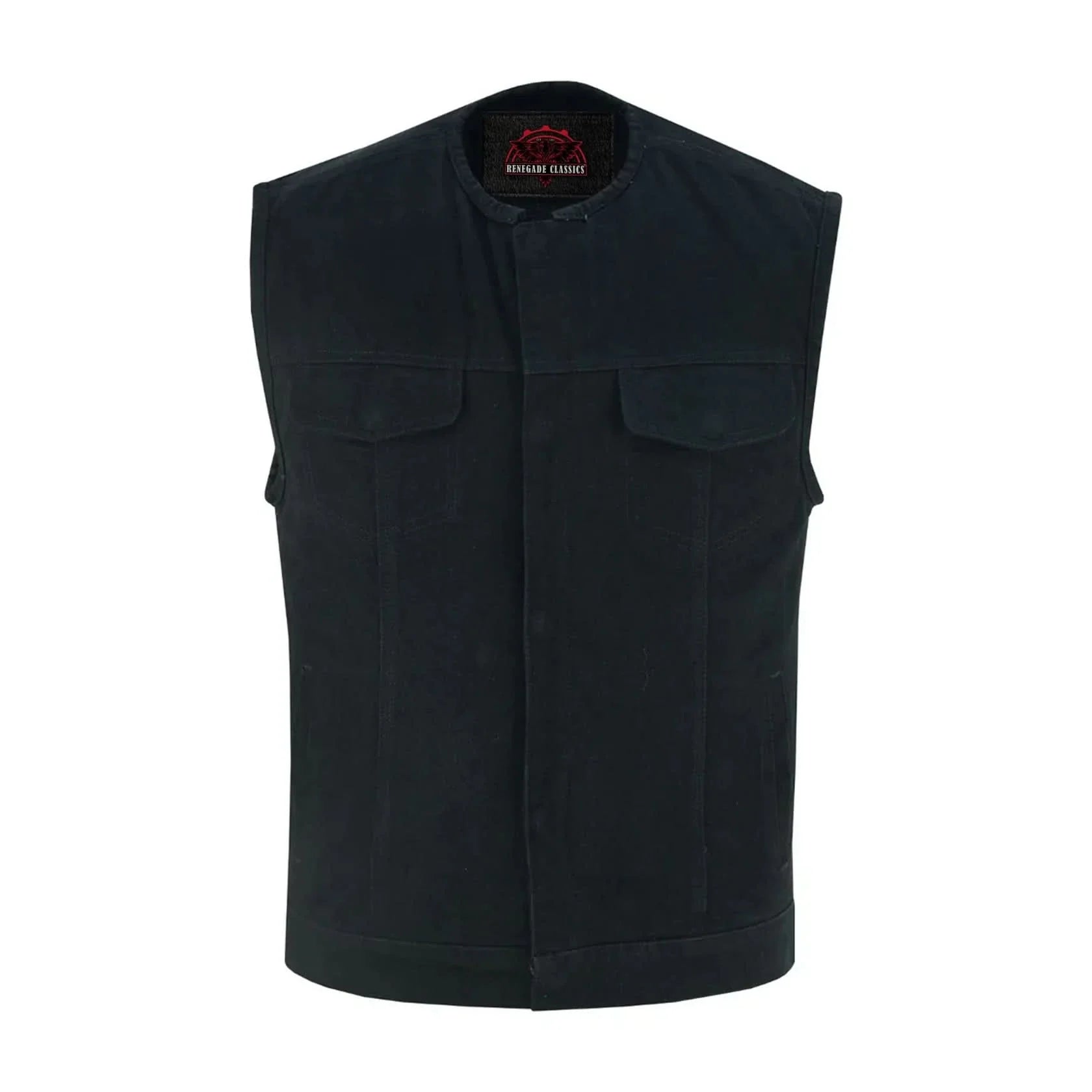 Mens Black Denim Motorcycle Vest with Concealed Snaps & Zipper