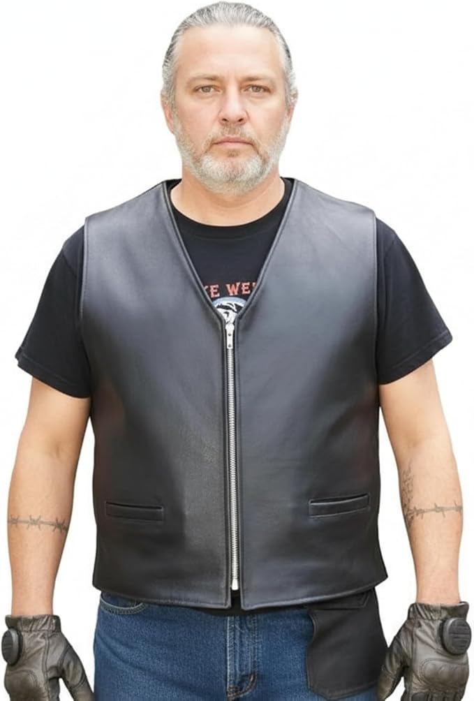 REED Men's Naked Cow Leather Motorcycle Zipper Vest Made in USA
