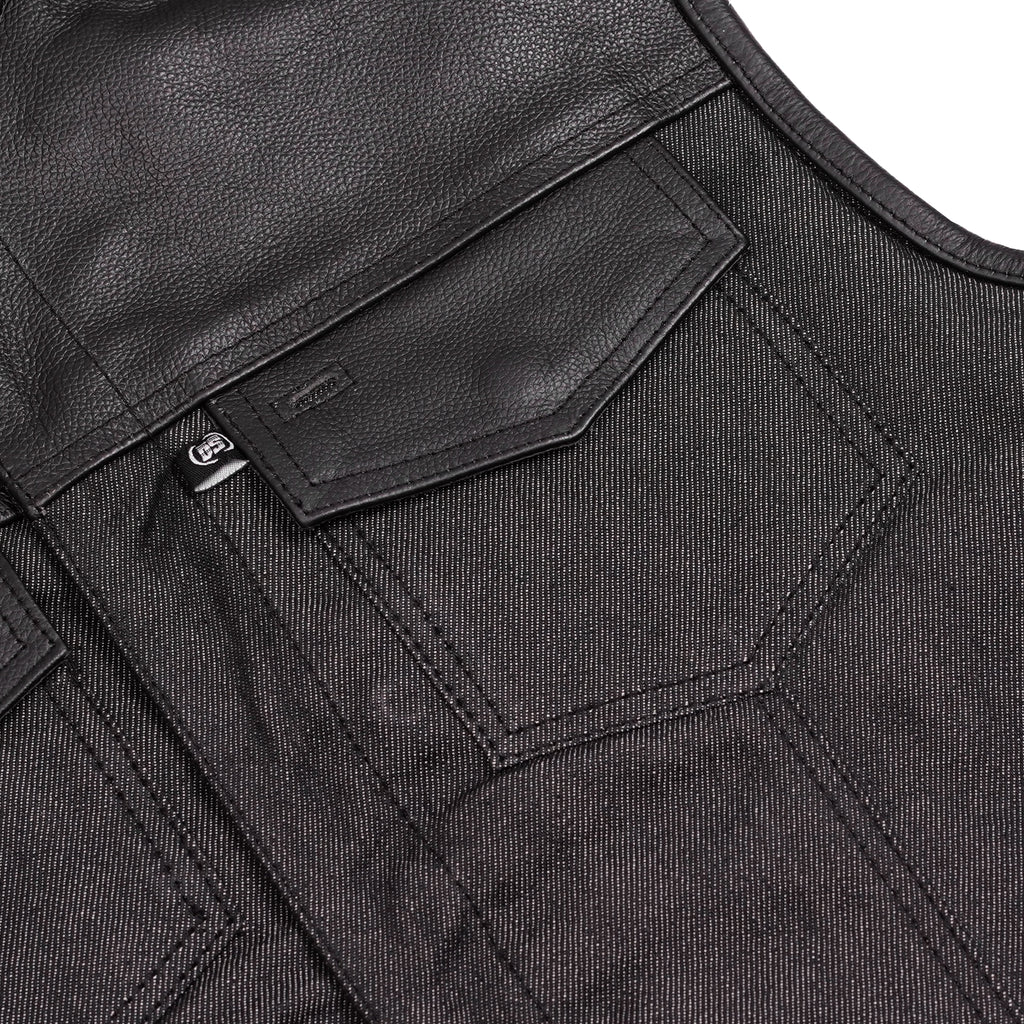 Men's Leather-Denim Combo Motorcycle  Vest - No Collar