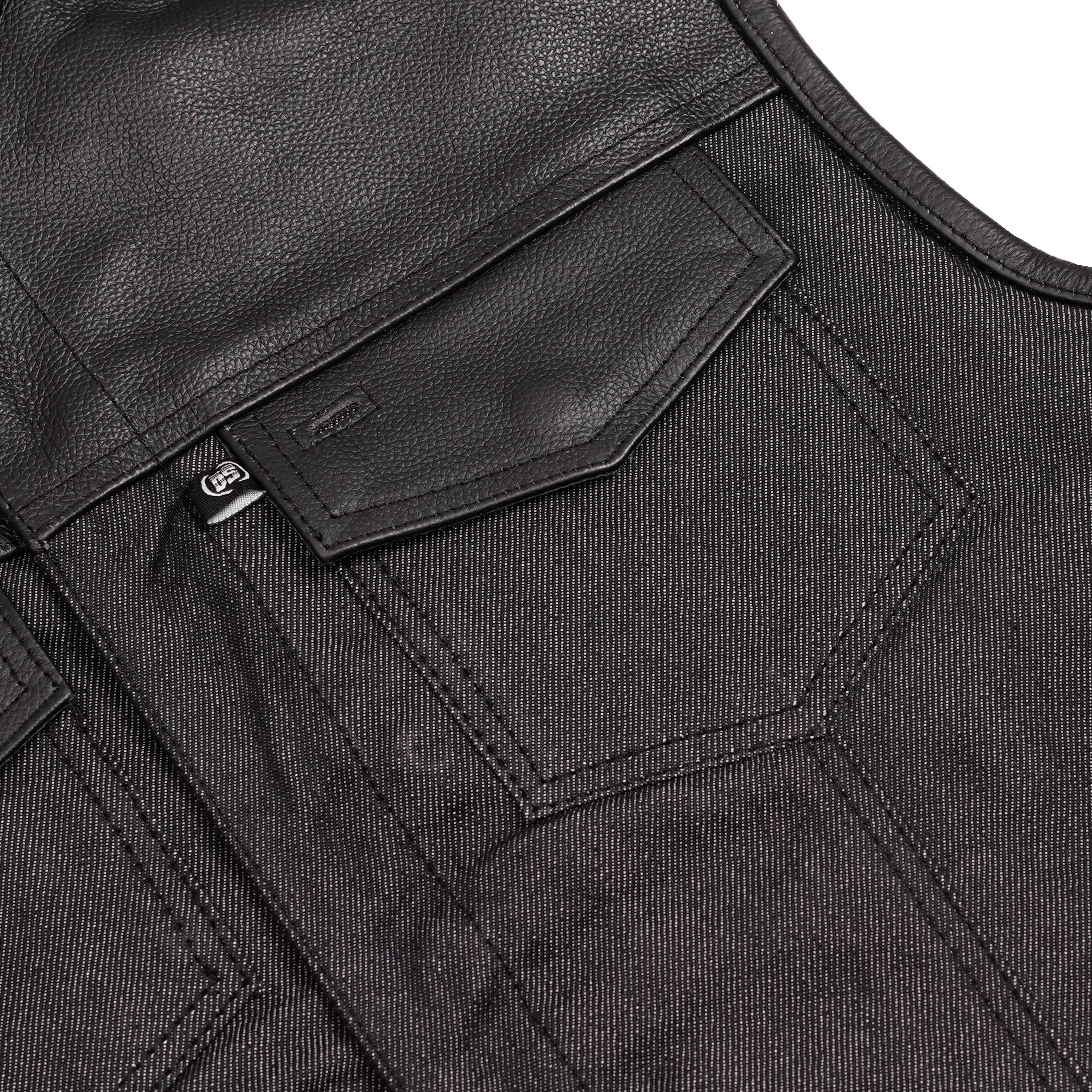 Men's Leather-Denim Combo Motorcycle  Vest - No Collar