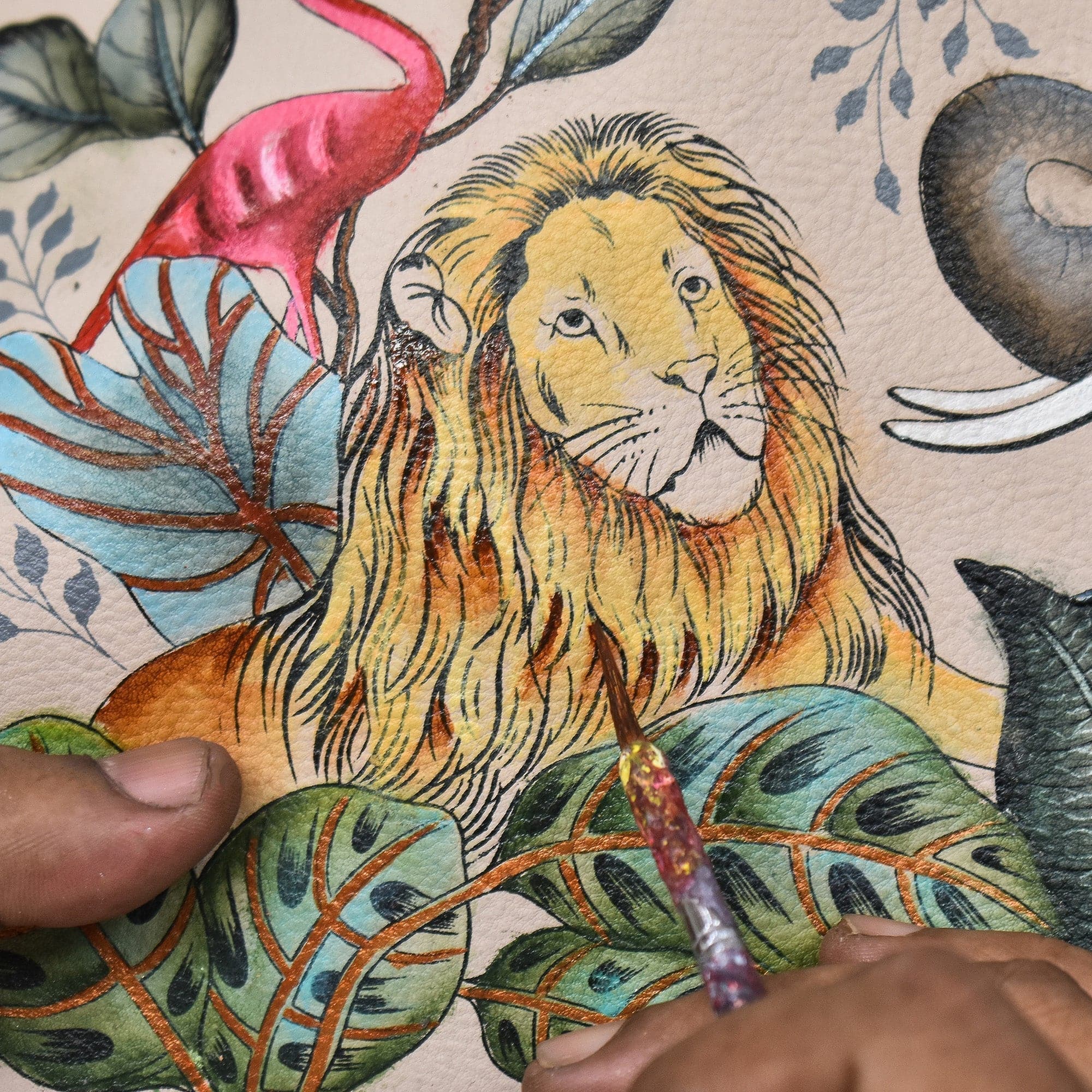 Medium Zip Pouch - 1107 tan animal Hand painted original artwork. Genuine leather