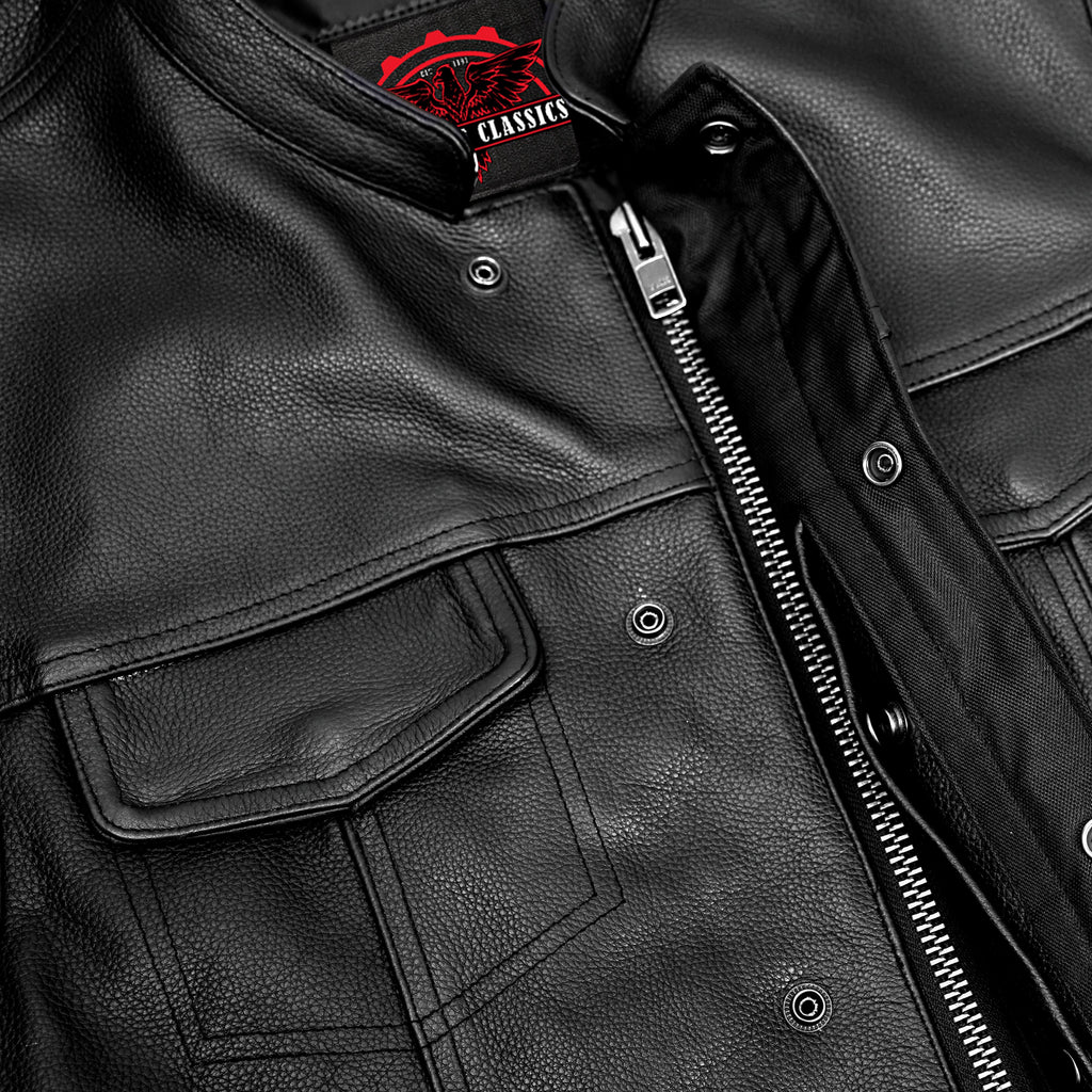 Highway Jack Men's Black Leather Motorcycle Vest Scoop Neck & Snap-Closure Pockets