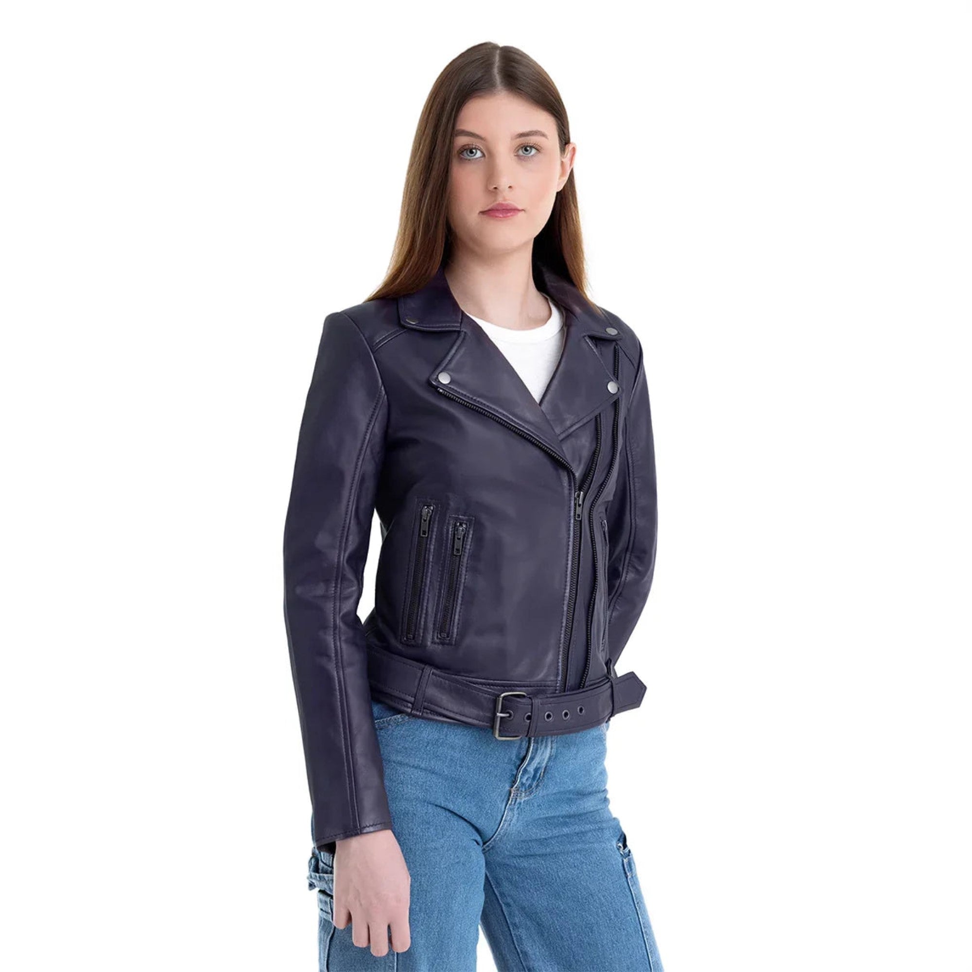 Adeline Women's Double Asymmetrical Zipper Leather Jacket