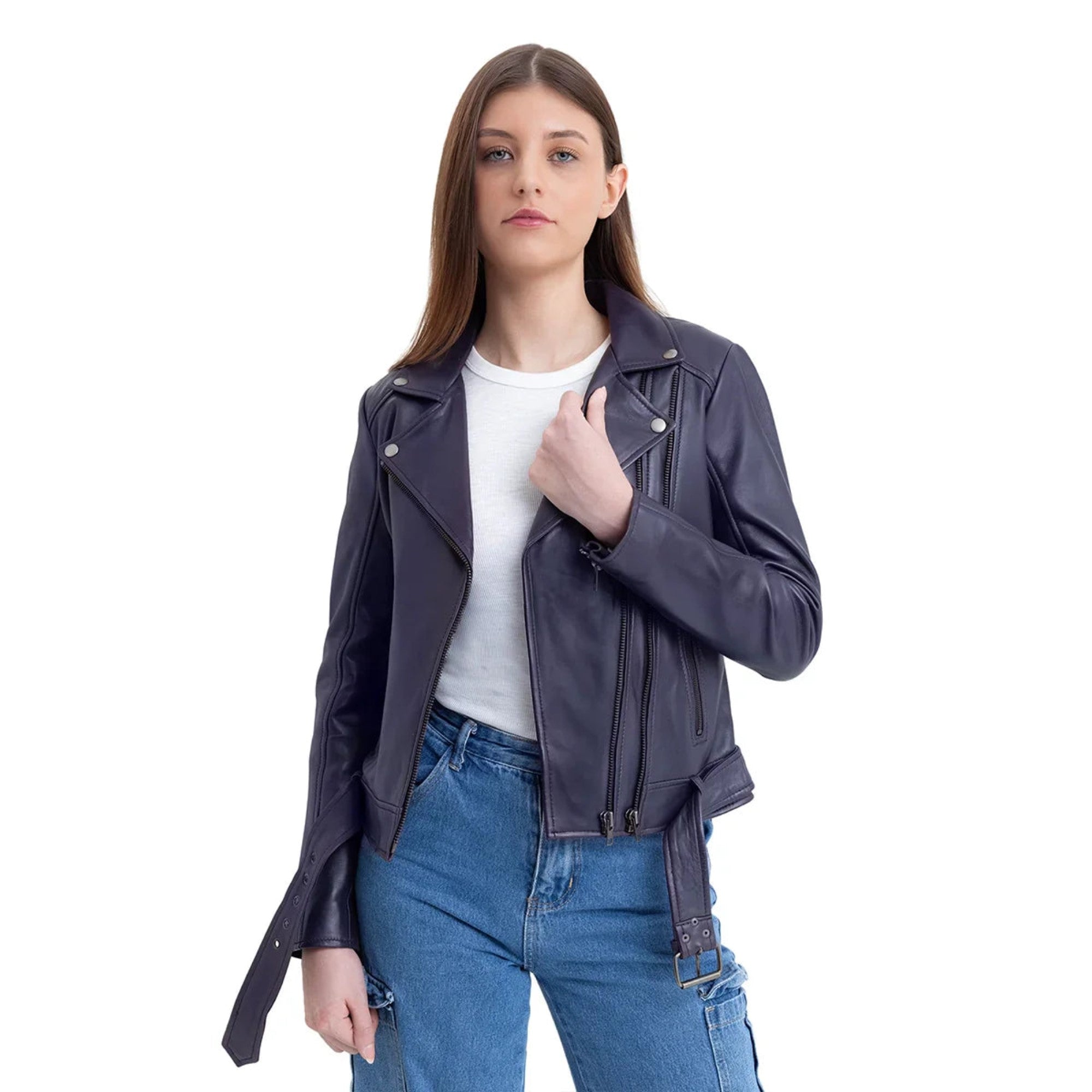 Adeline Women's Double Asymmetrical Zipper Leather Jacket