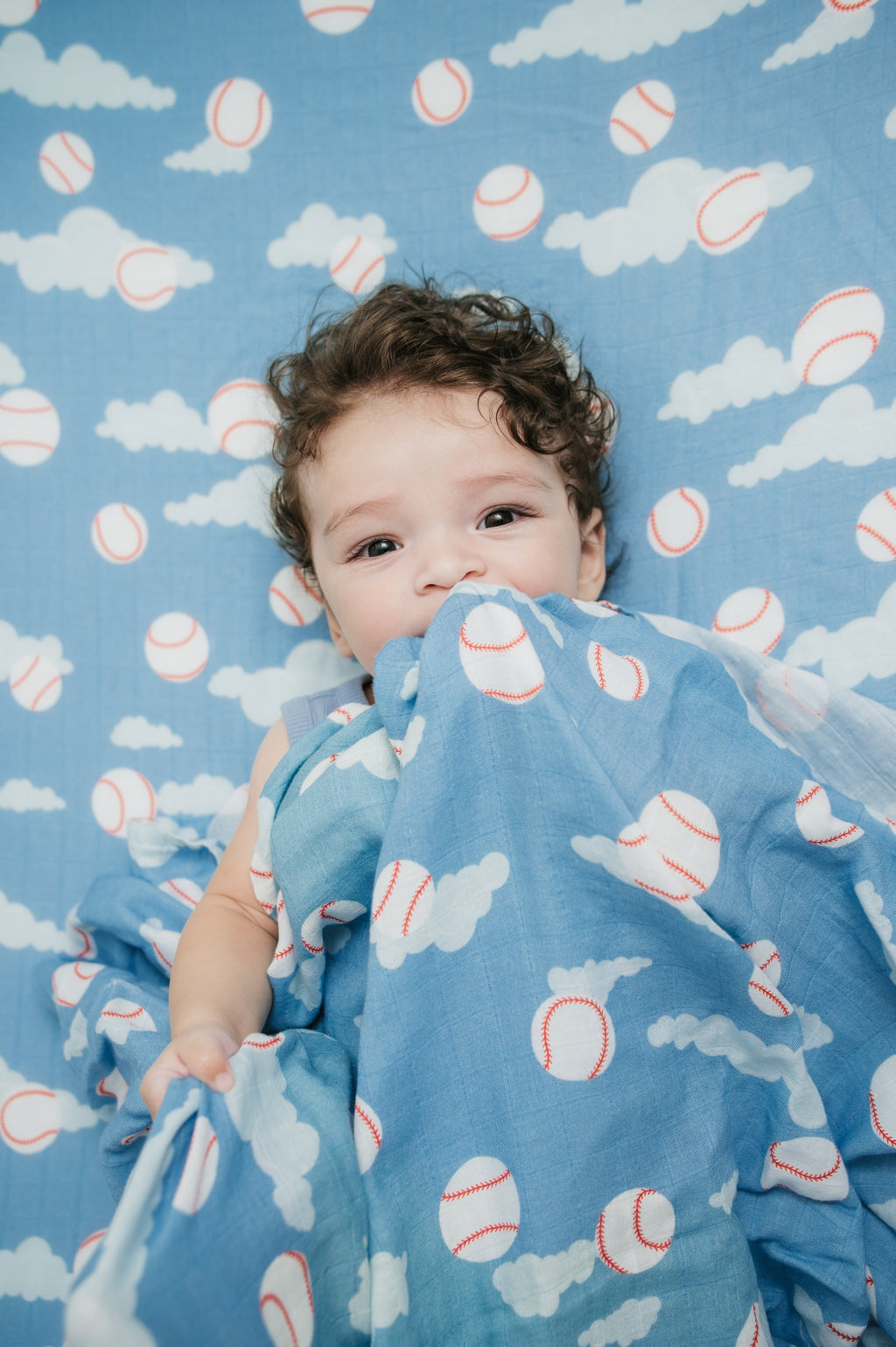 Organic Bamboo Cotton Muslin Swaddle Blanket in Baseballs in the Sky