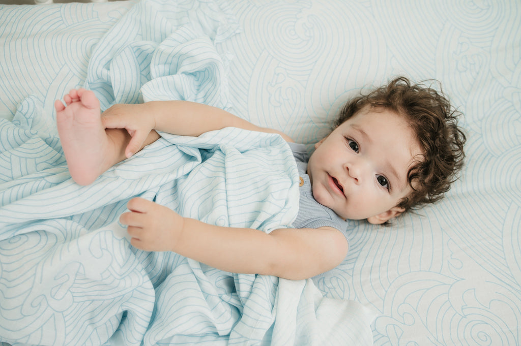 Organic Bamboo Cotton Muslin Swaddle Blanket in Crashing Sea Waves