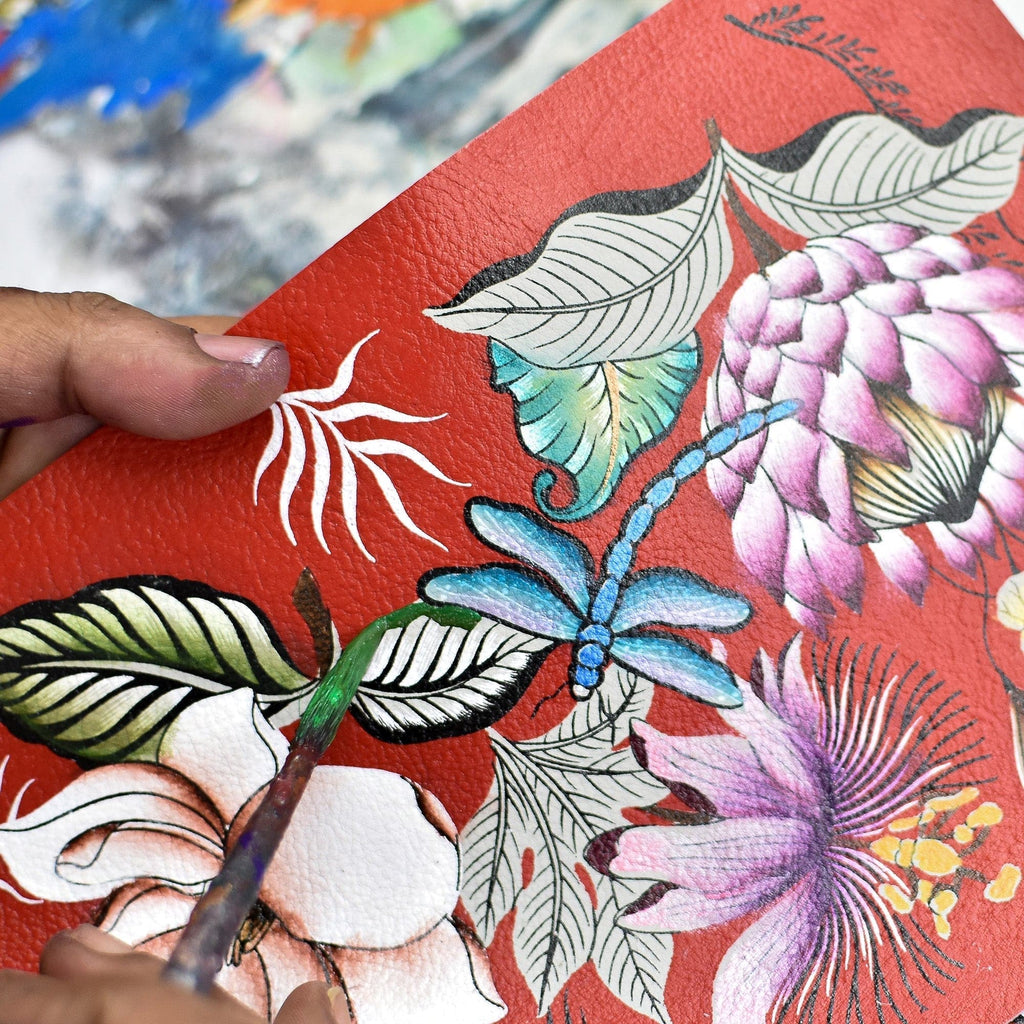 Mini Double Zip Travel Crossbody - 448 Hand painted original artwork. Genuine leather - Floral