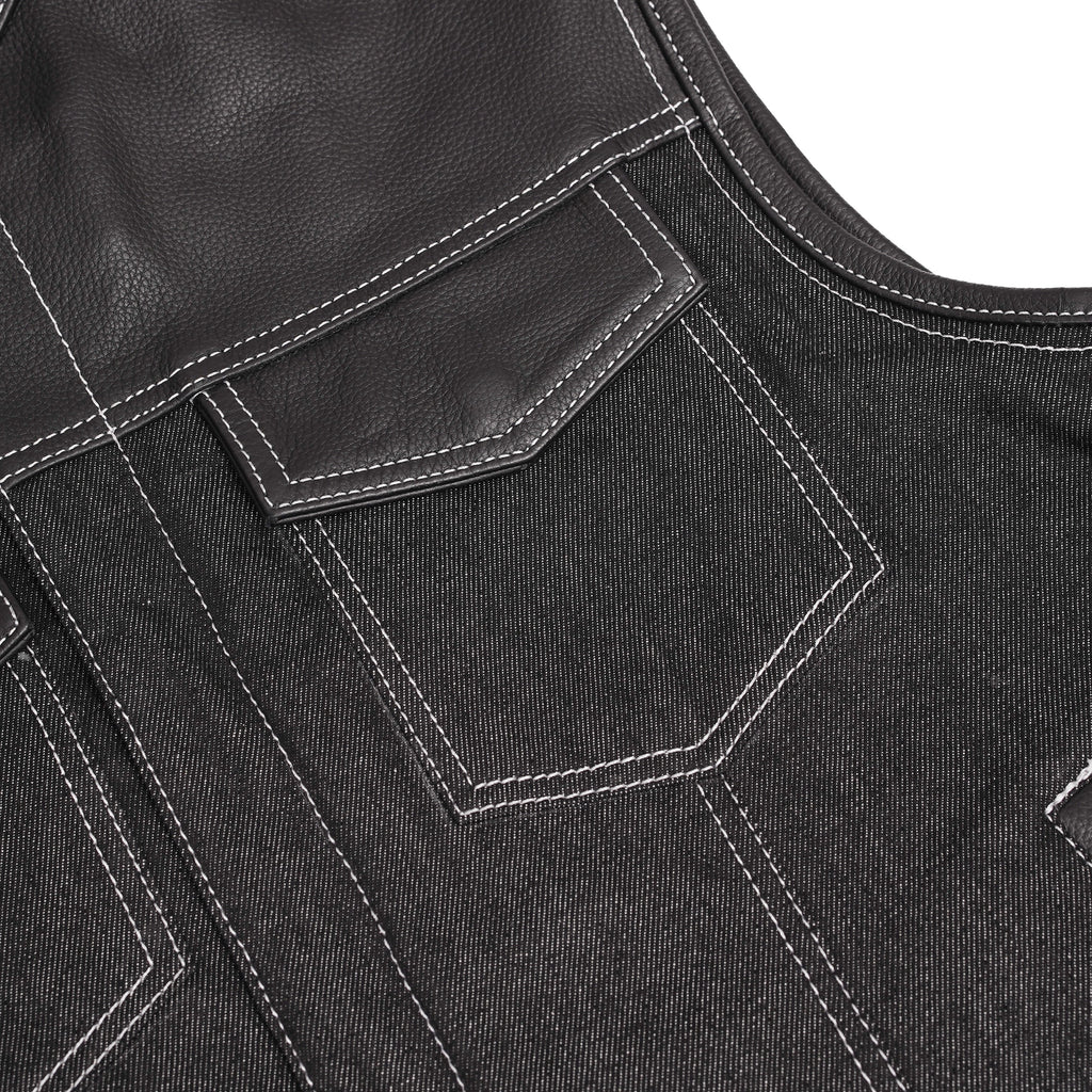 Men's Leather-Denim Combo Motorcycle Vest w/ Scoop Collar