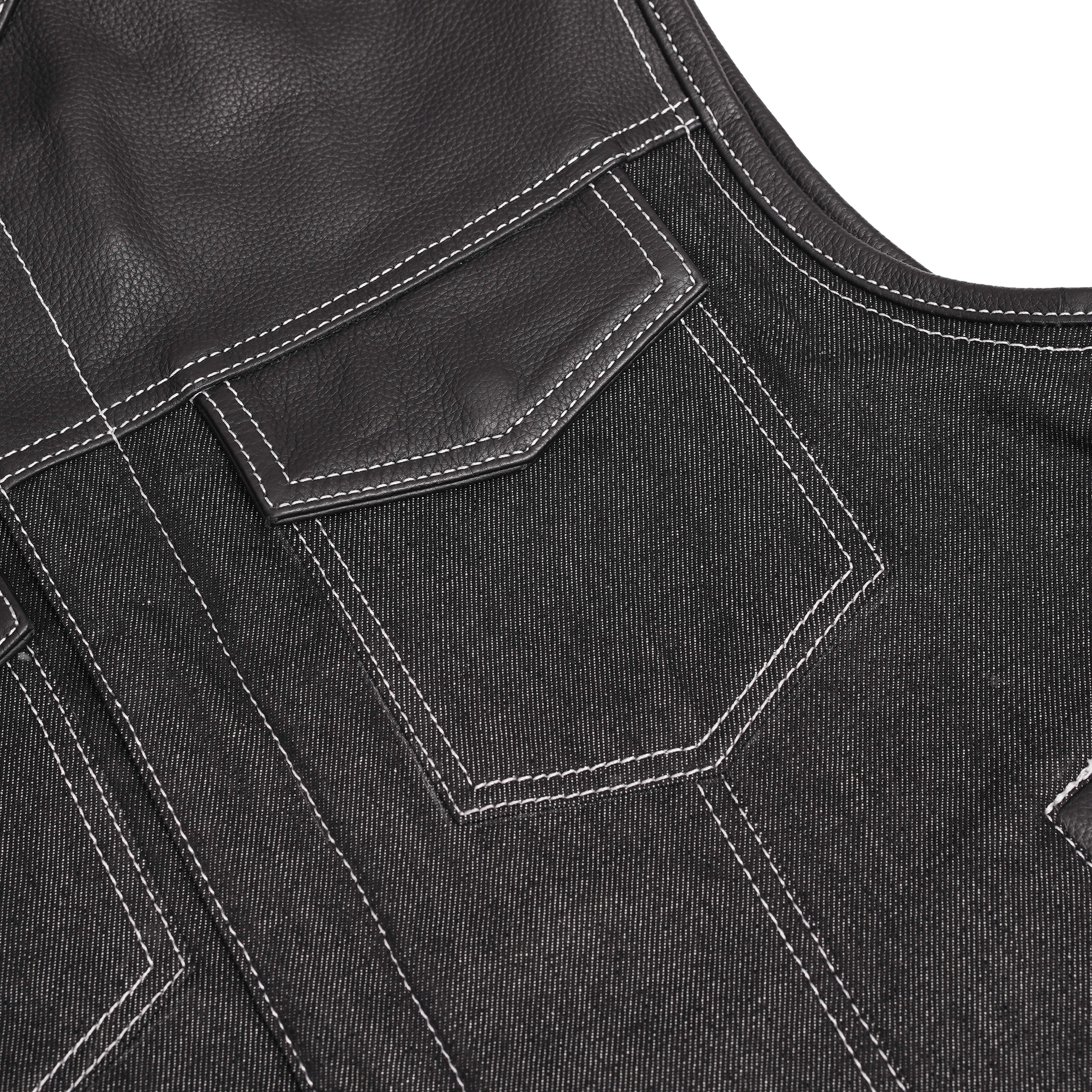 Men's Leather-Denim Combo Motorcycle Vest w/ Scoop Collar