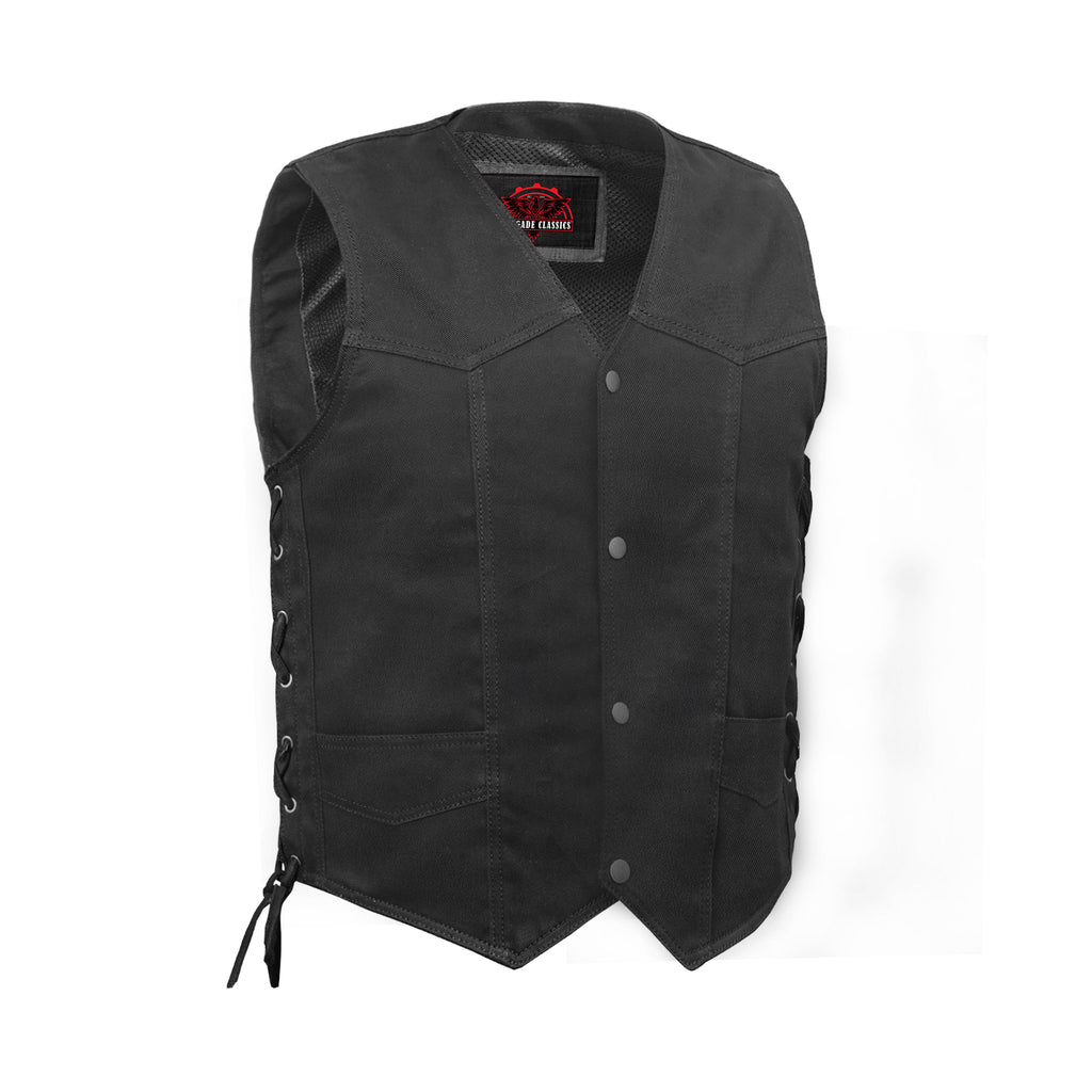 Men's Traditional Denim Motorcycle Vest with Side Laces – Smart Access Pockets