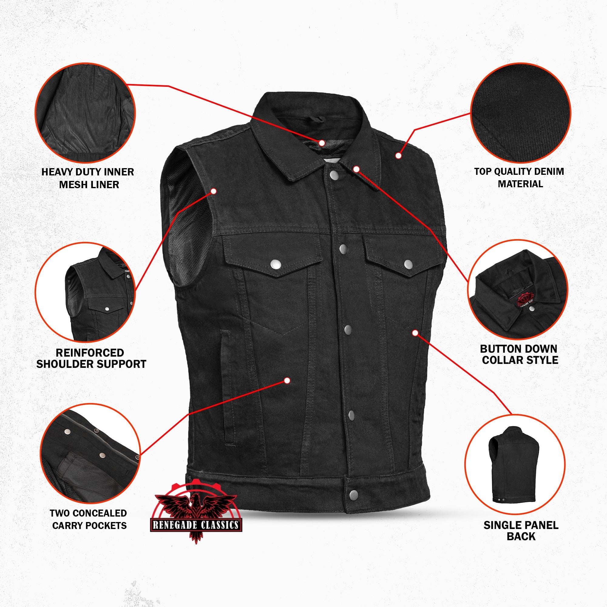 Snap Front Men's Denim Motorcycle Vest  - Black