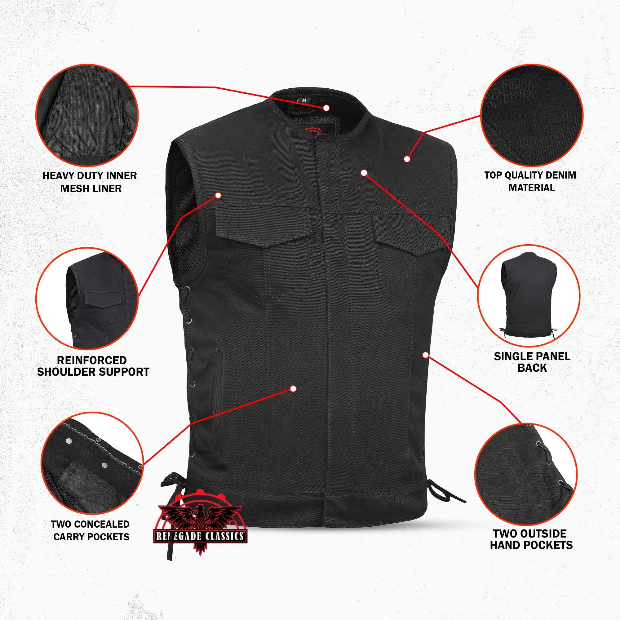 Men's Upgraded All-Black Denim Motorcycle Vest – Smart Access Pockets