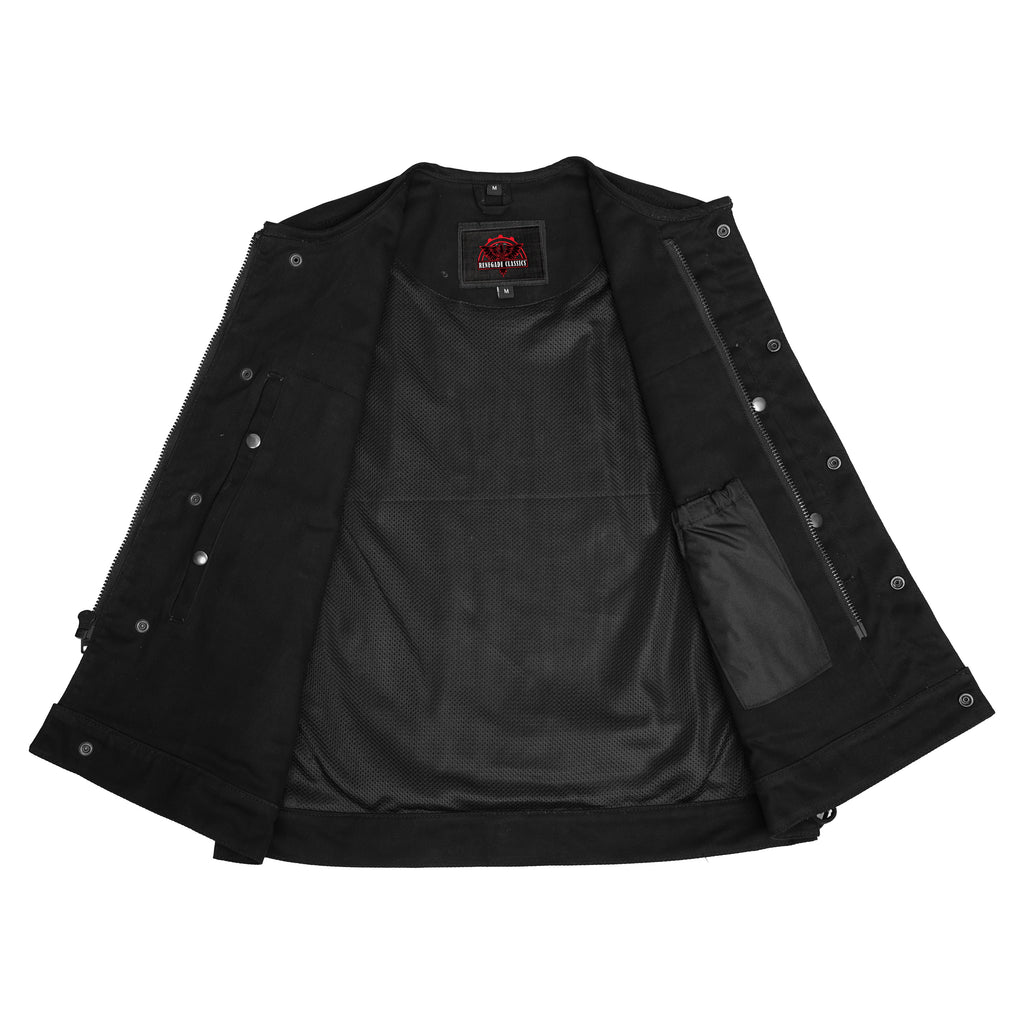 Mens Black Denim Motorcycle Vest with Concealed Snaps & Zipper