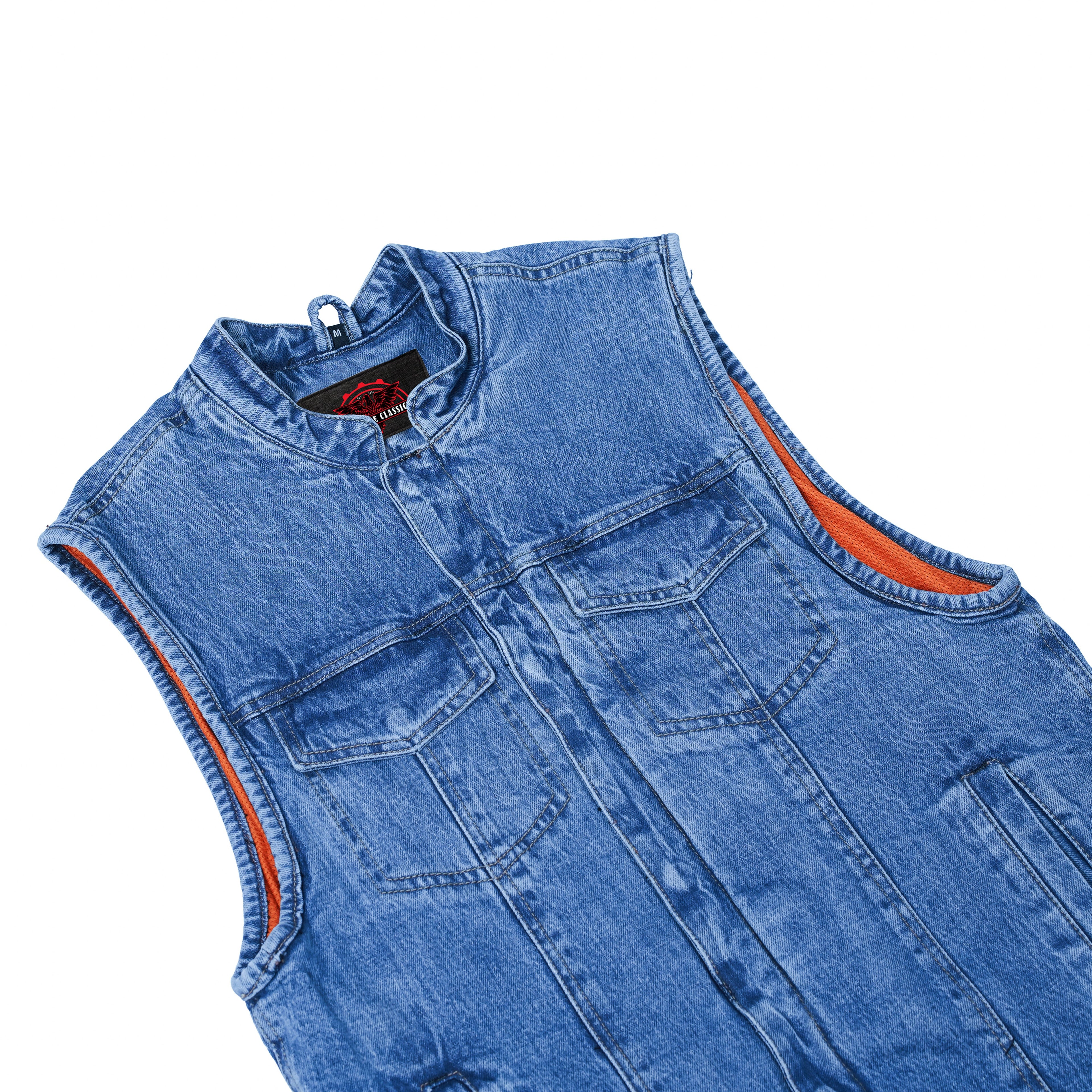 Men's Blue Denim Motorcycle Vest with Lace & Pockets