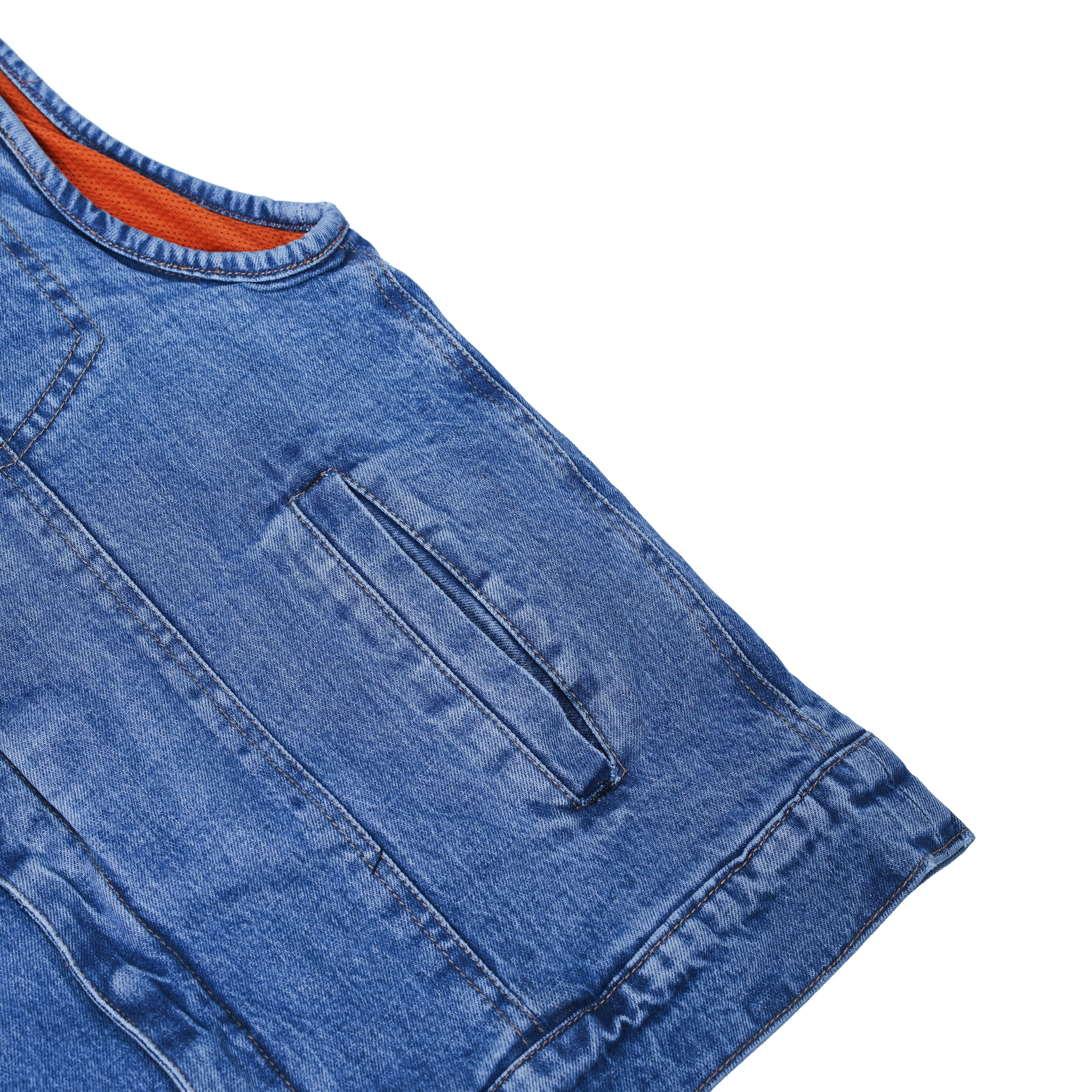 Men's Blue Denim Motorcycle Vest with Lace & Pockets