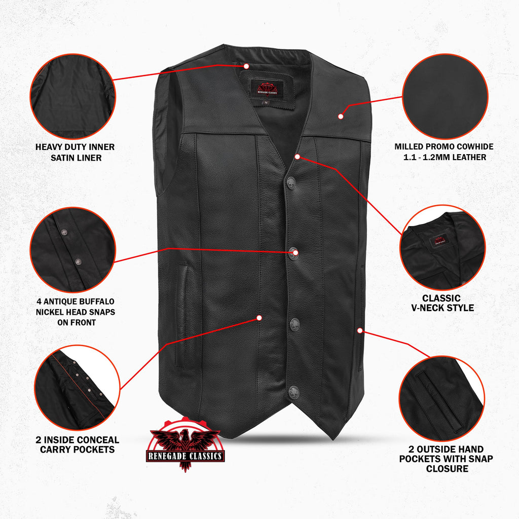 Men's Milled Single Back Panel Leather  Vest - Black