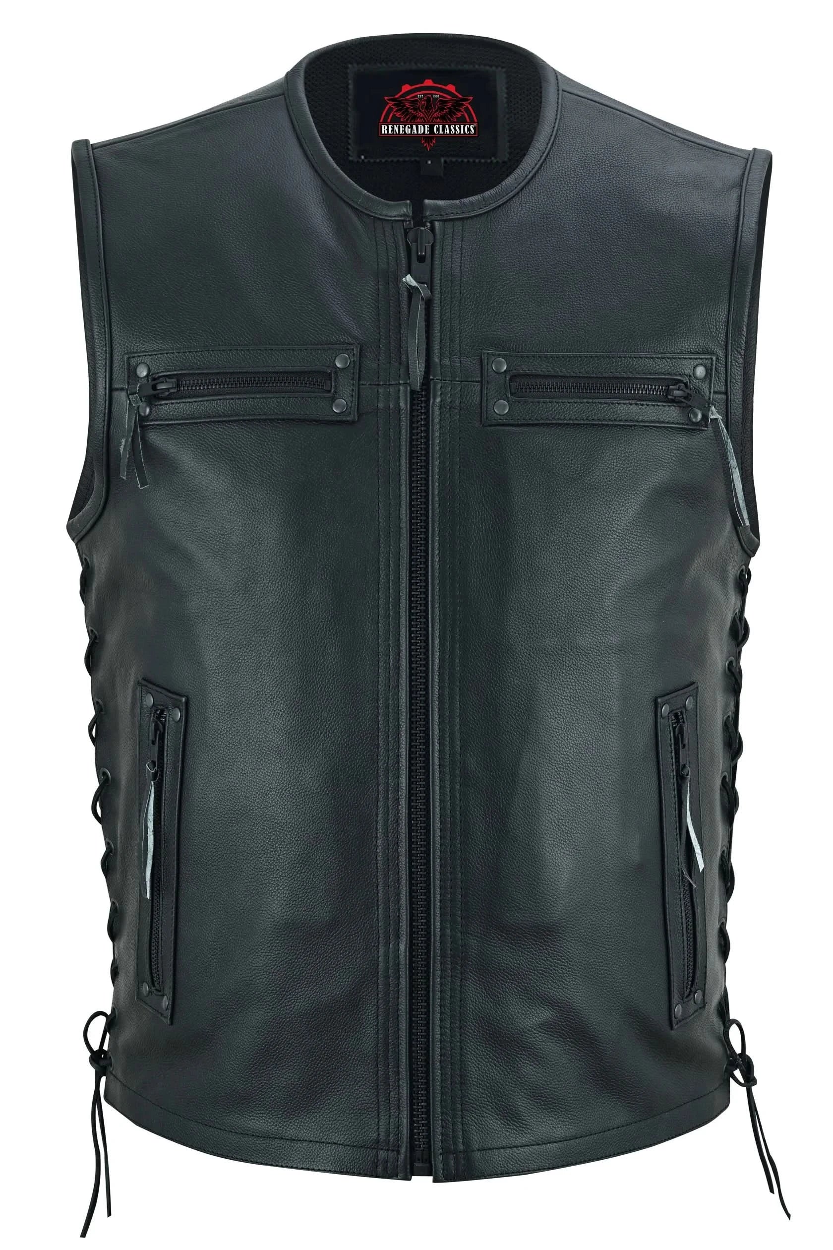 Men's Zipper Front Black Leather Motorcycle Vest