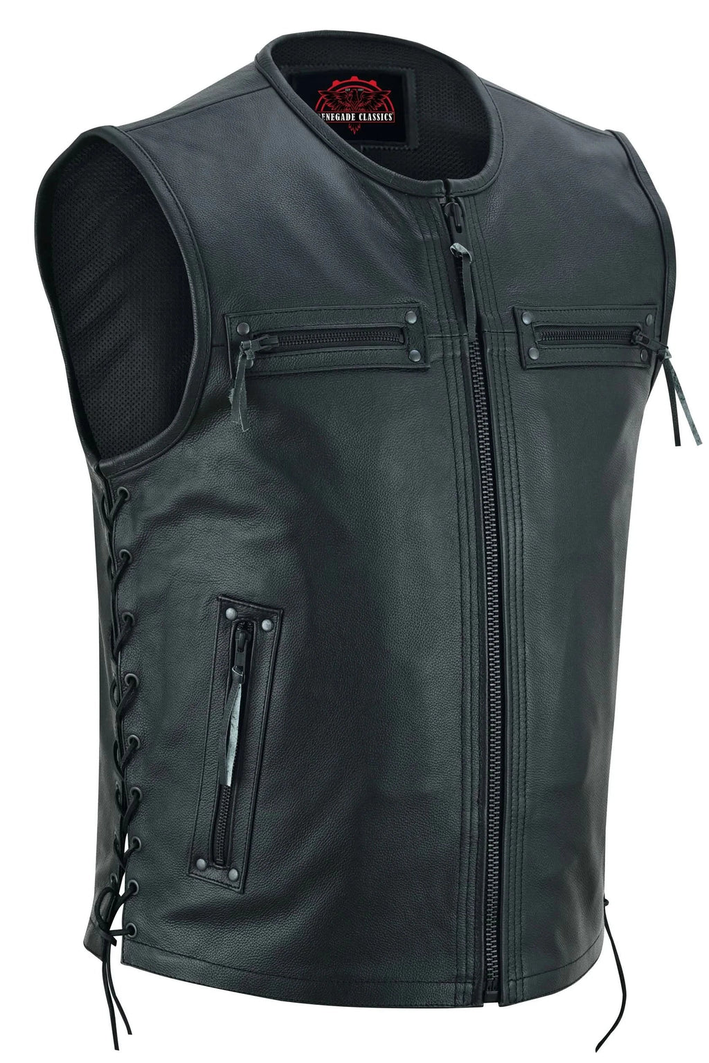 Men's Zipper Front Black Leather Motorcycle Vest