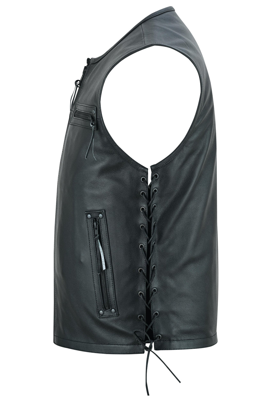 Men's Zipper Front Black Leather Motorcycle Vest