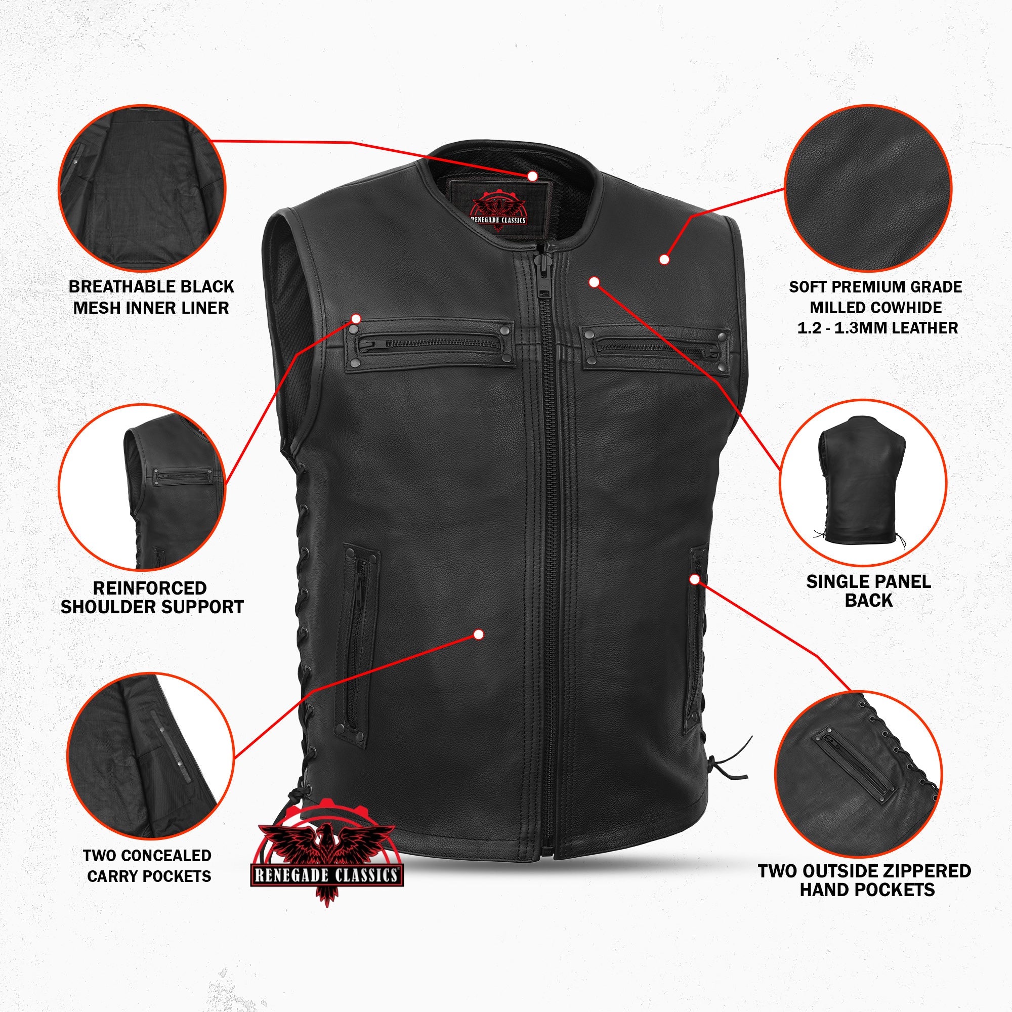 Men's Zipper Front Black Leather Motorcycle Vest