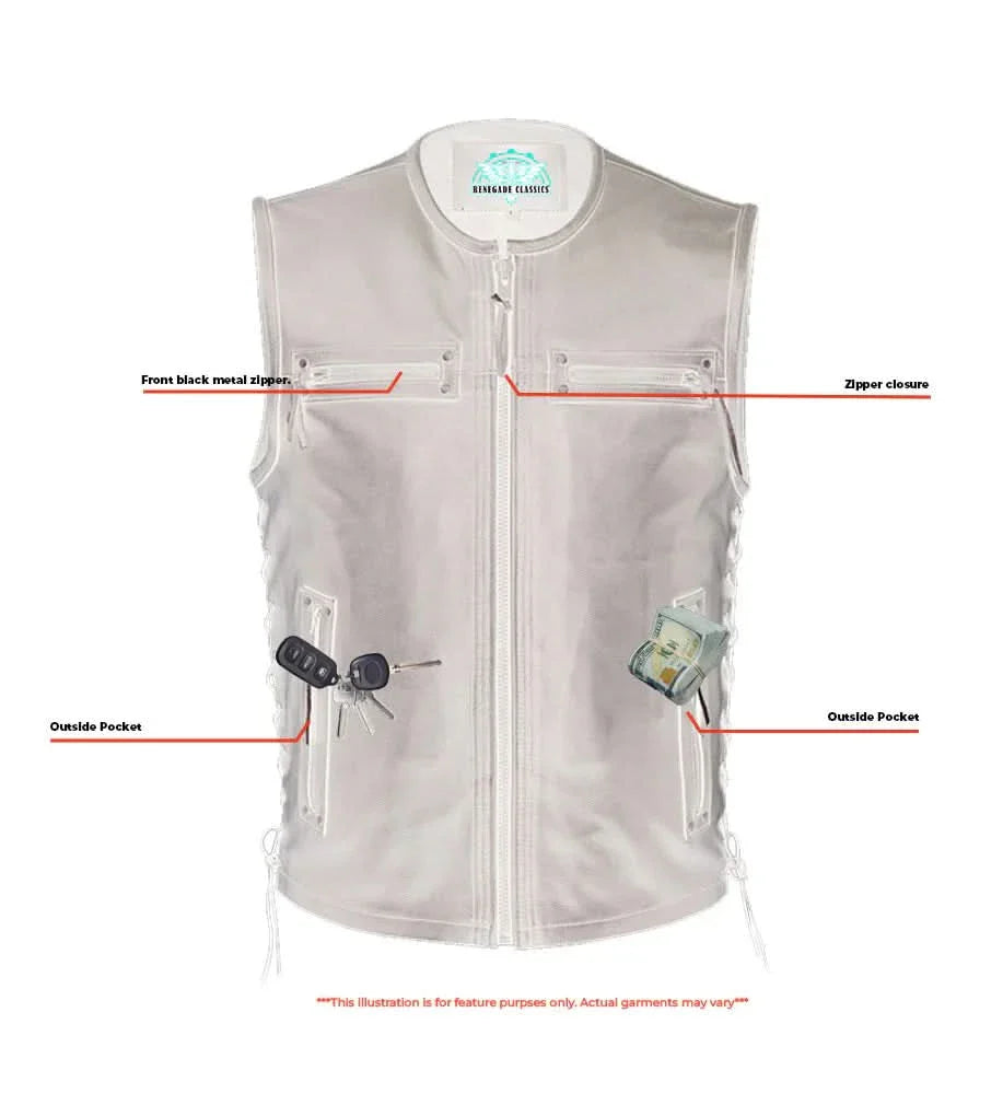 Men's Zipper Front Black Leather Motorcycle Vest