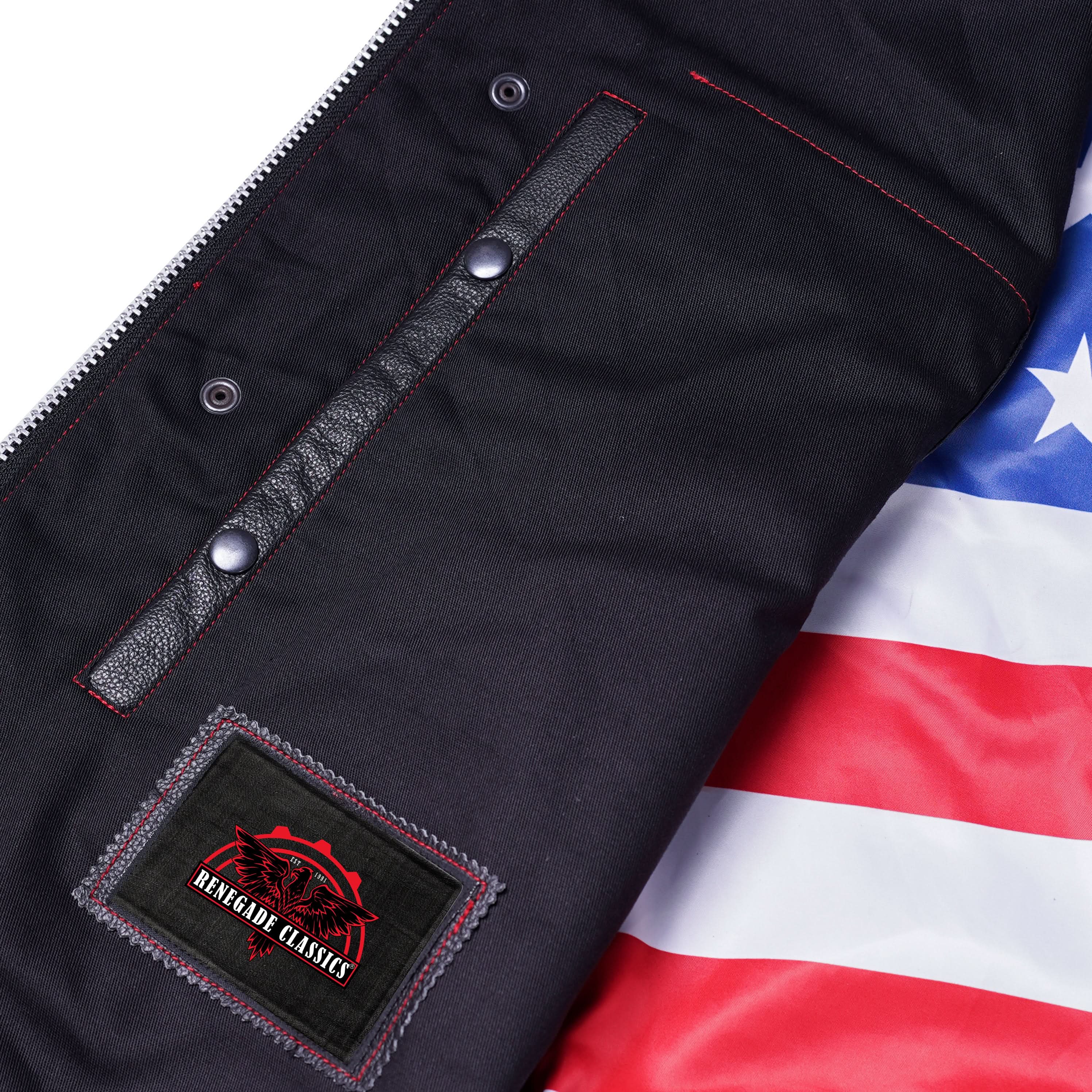 Men's Banded Collar leather Vest with USA Flag Lining & Red Stitching