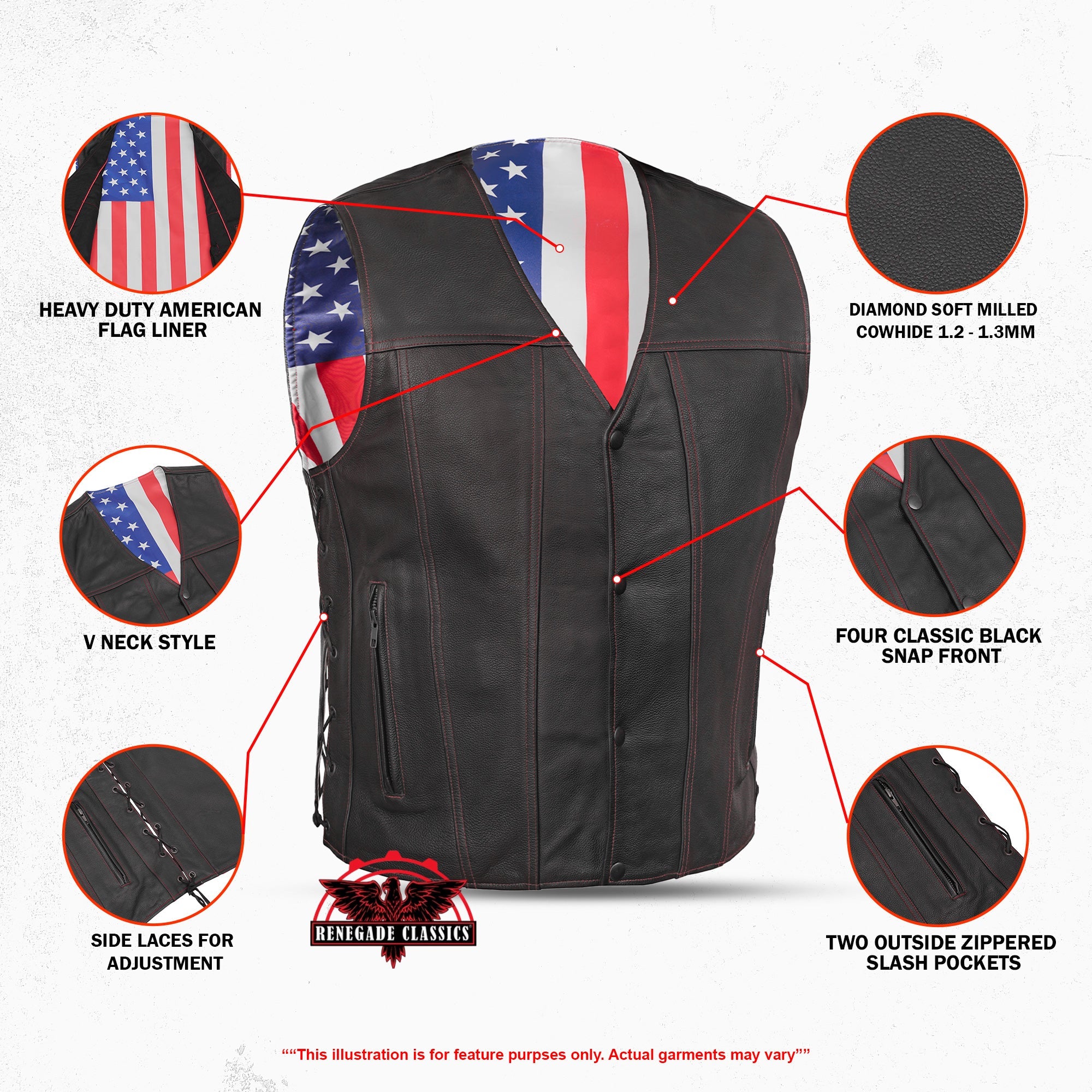 Men's Honor Ride Black Leather Motorcycle with Vest Red Stitching