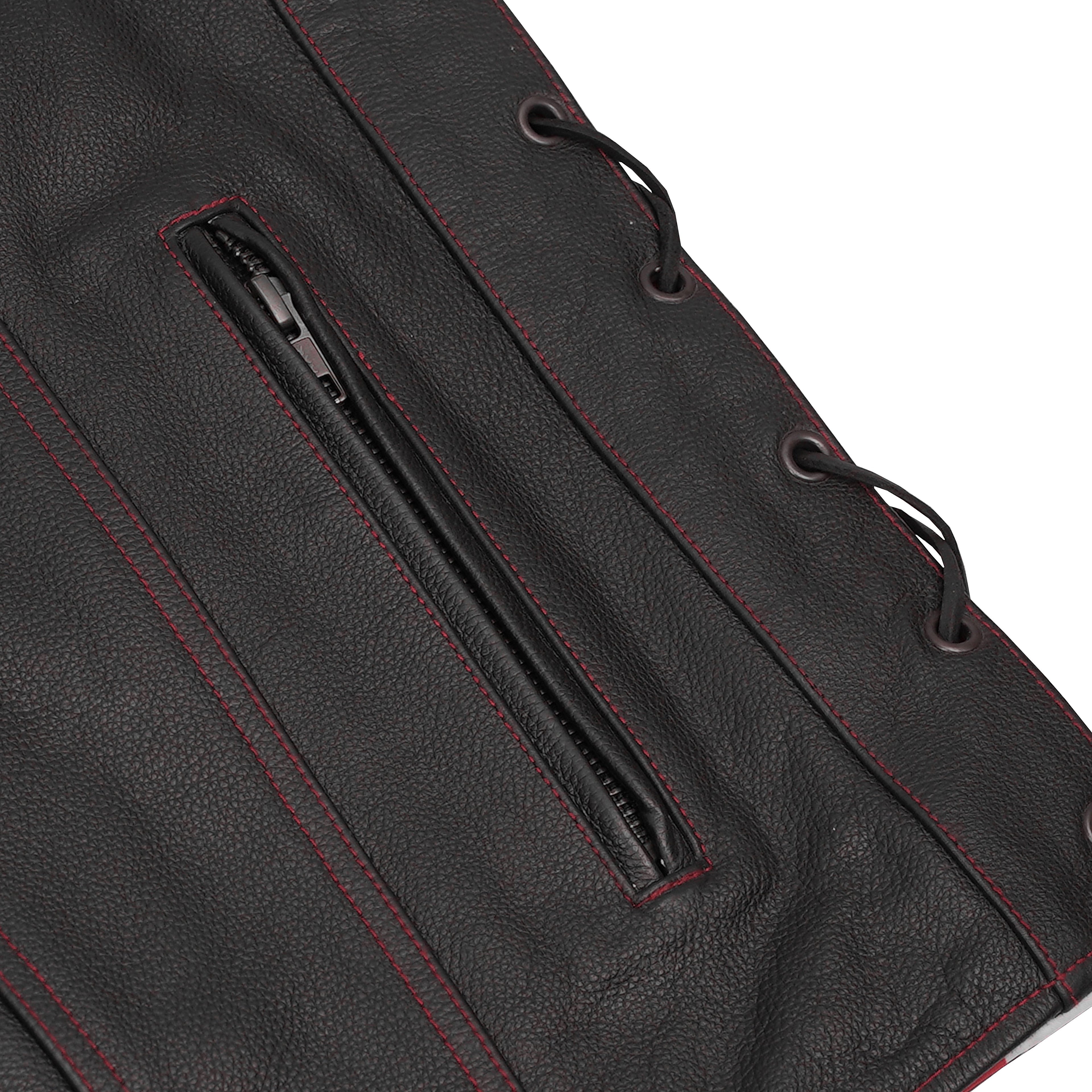 Men's Honor Ride Black Leather Motorcycle with Vest Red Stitching