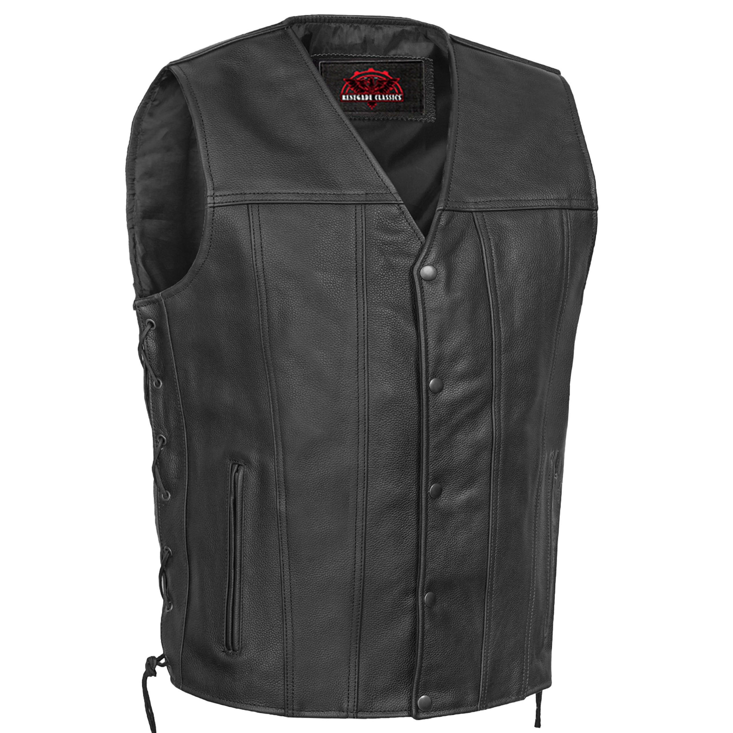 Men's Tall Classic Tapered Bottom Biker Leather Vest- Black
