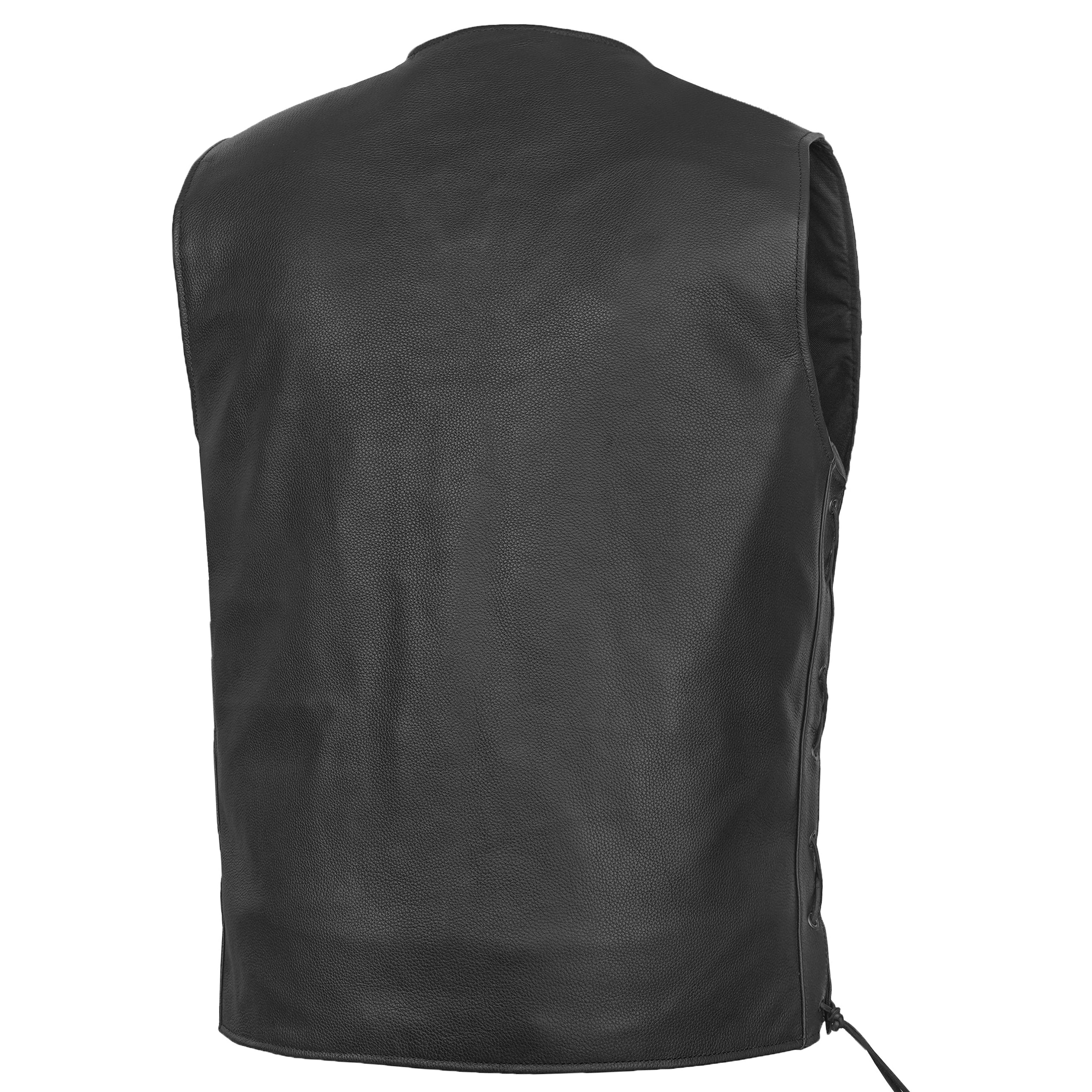 Men's Tall Classic Tapered Bottom Biker Leather Vest- Black