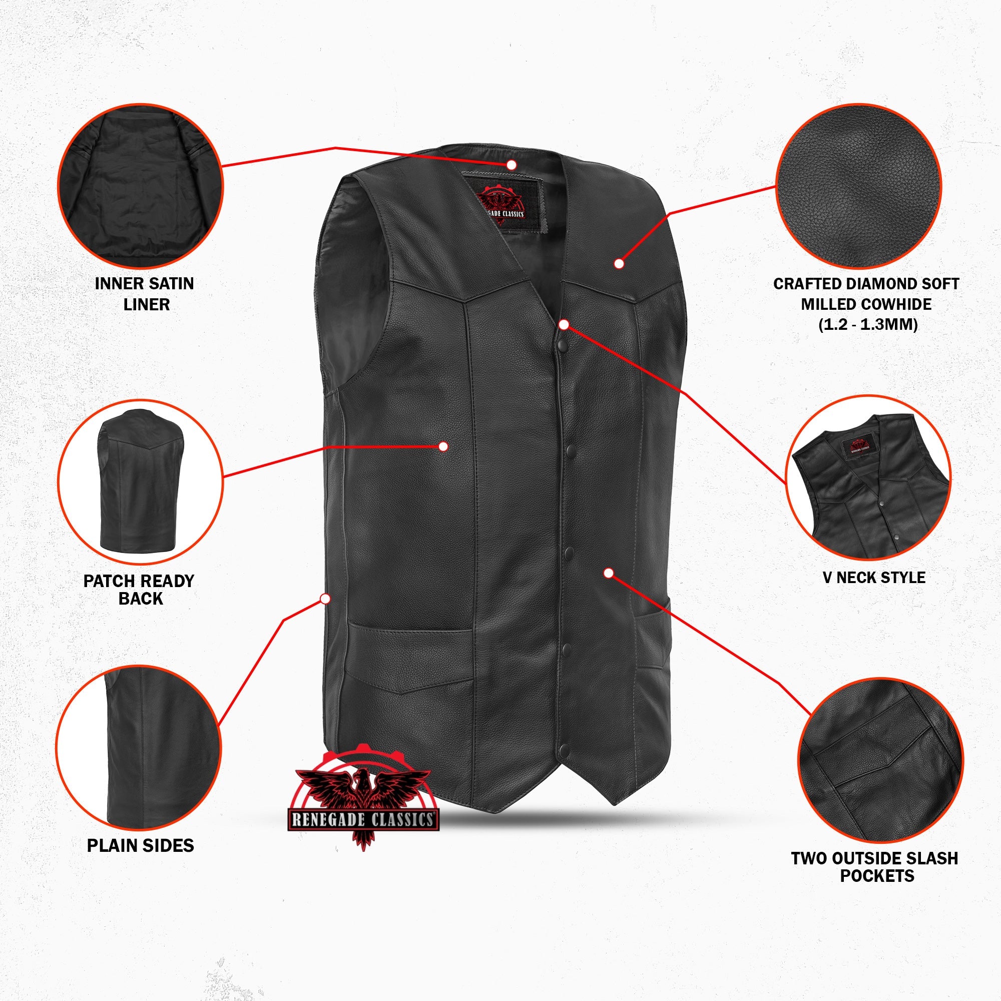 Men's Tall Classic Motorcycle Leather Vest - Black