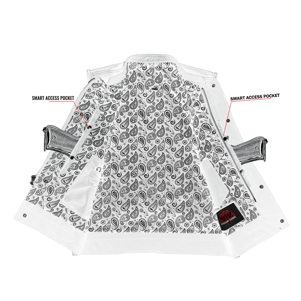 Men's Paisley Black Leather Motorcycle Vest with White Stitching