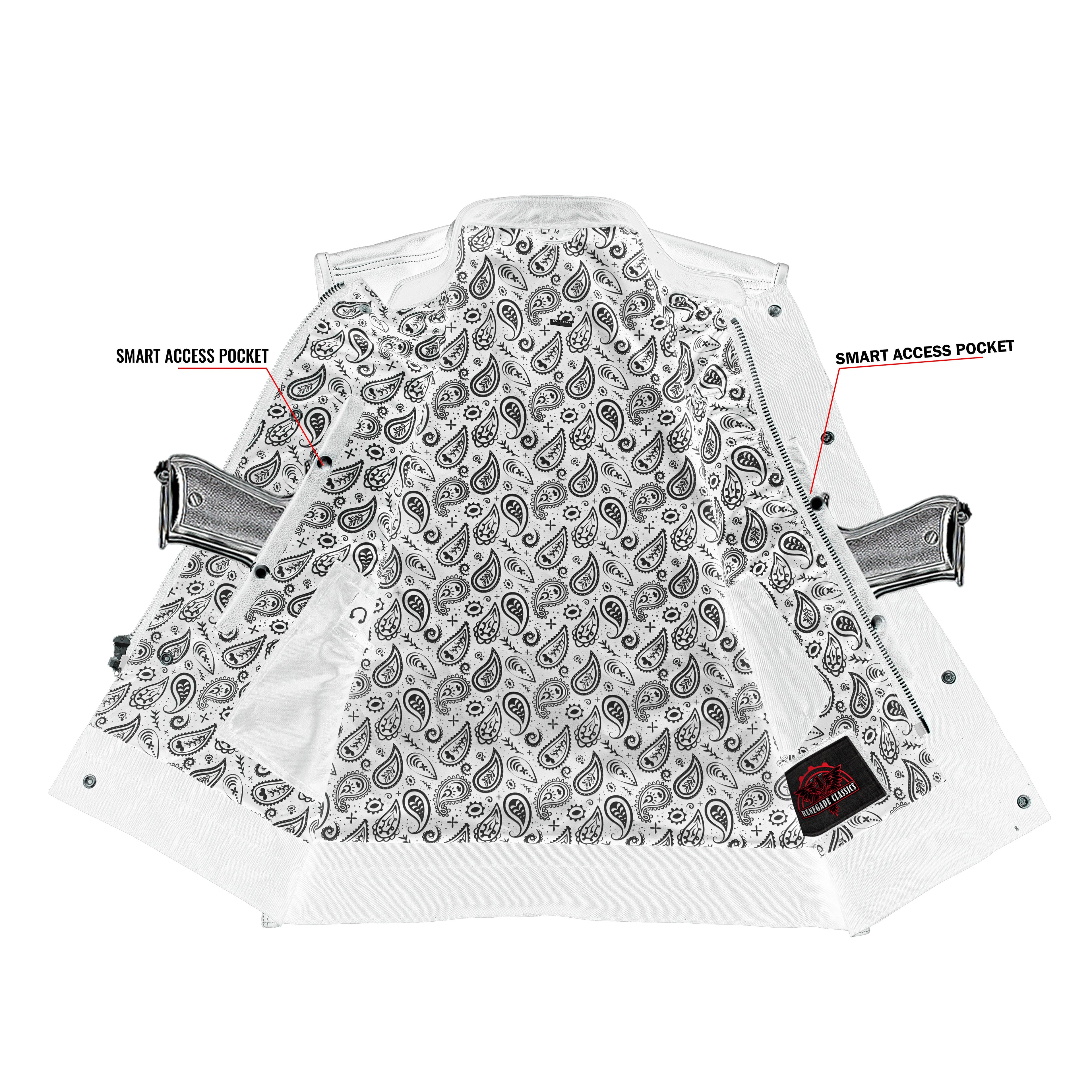 Men's Paisley Black Leather Motorcycle Vest with White Stitching