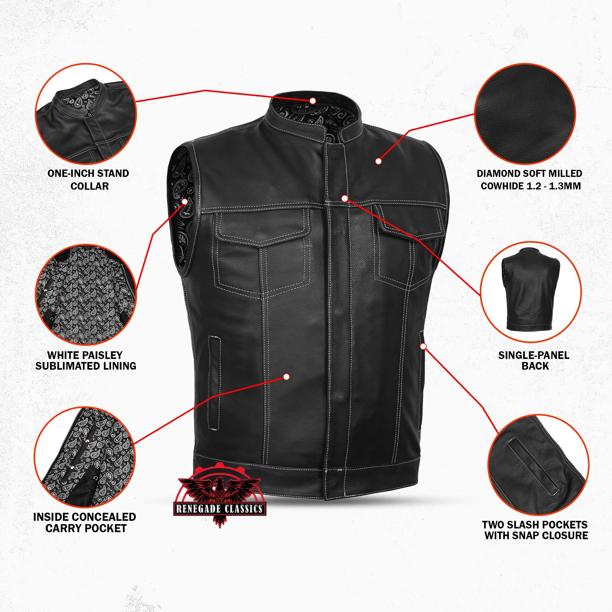Men's Paisley Black Leather Motorcycle Vest with White Stitching