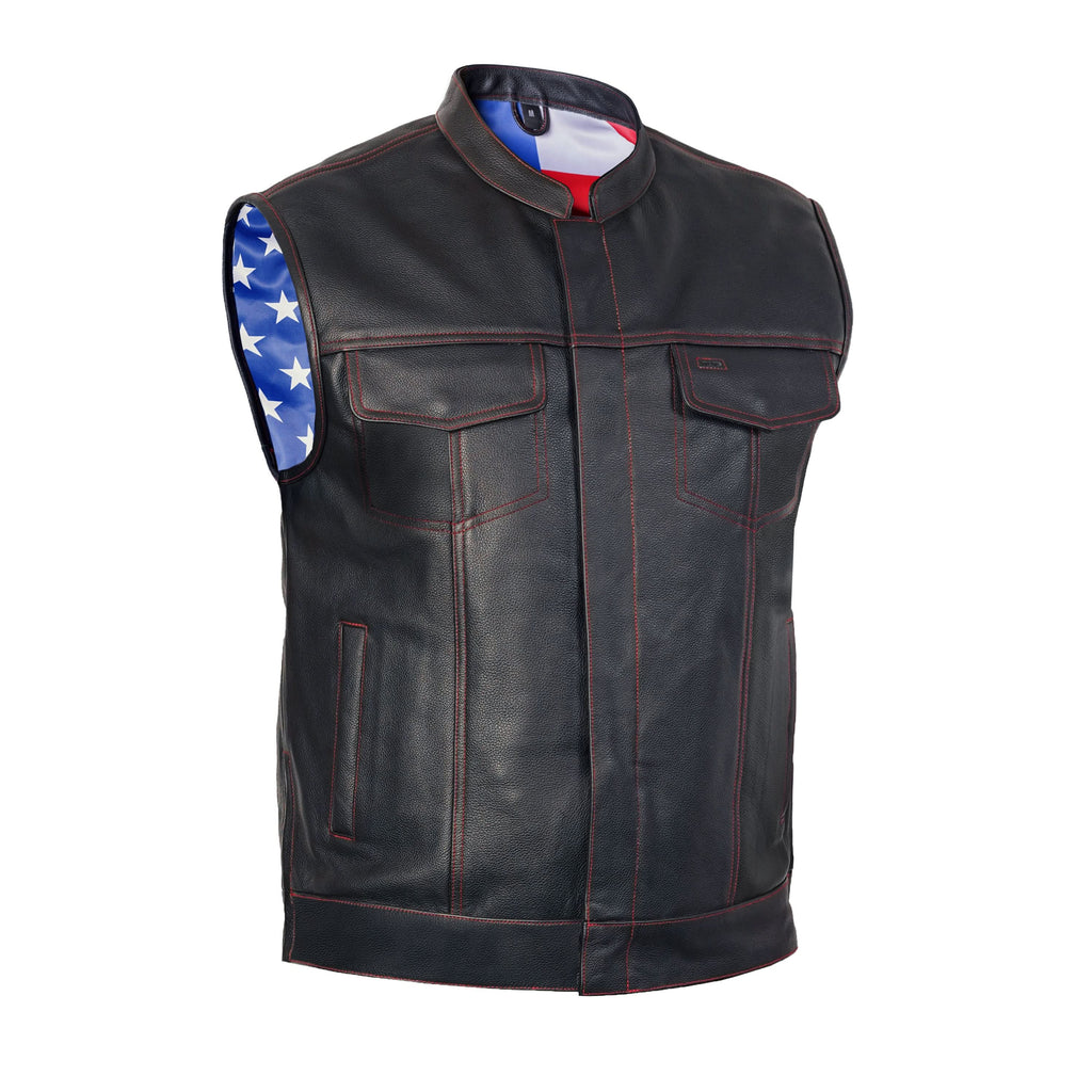 Mens's Leather Motorcycle Vest with Scoop Collar & USA Flag