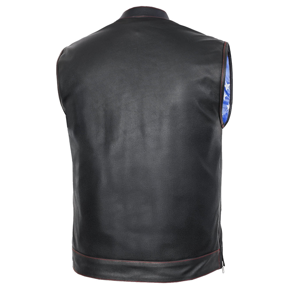 Mens's Leather Motorcycle Vest with Scoop Collar & USA Flag