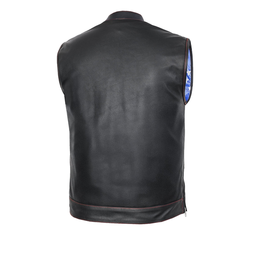 Mens's Leather Motorcycle Vest with Scoop Collar & USA Flag