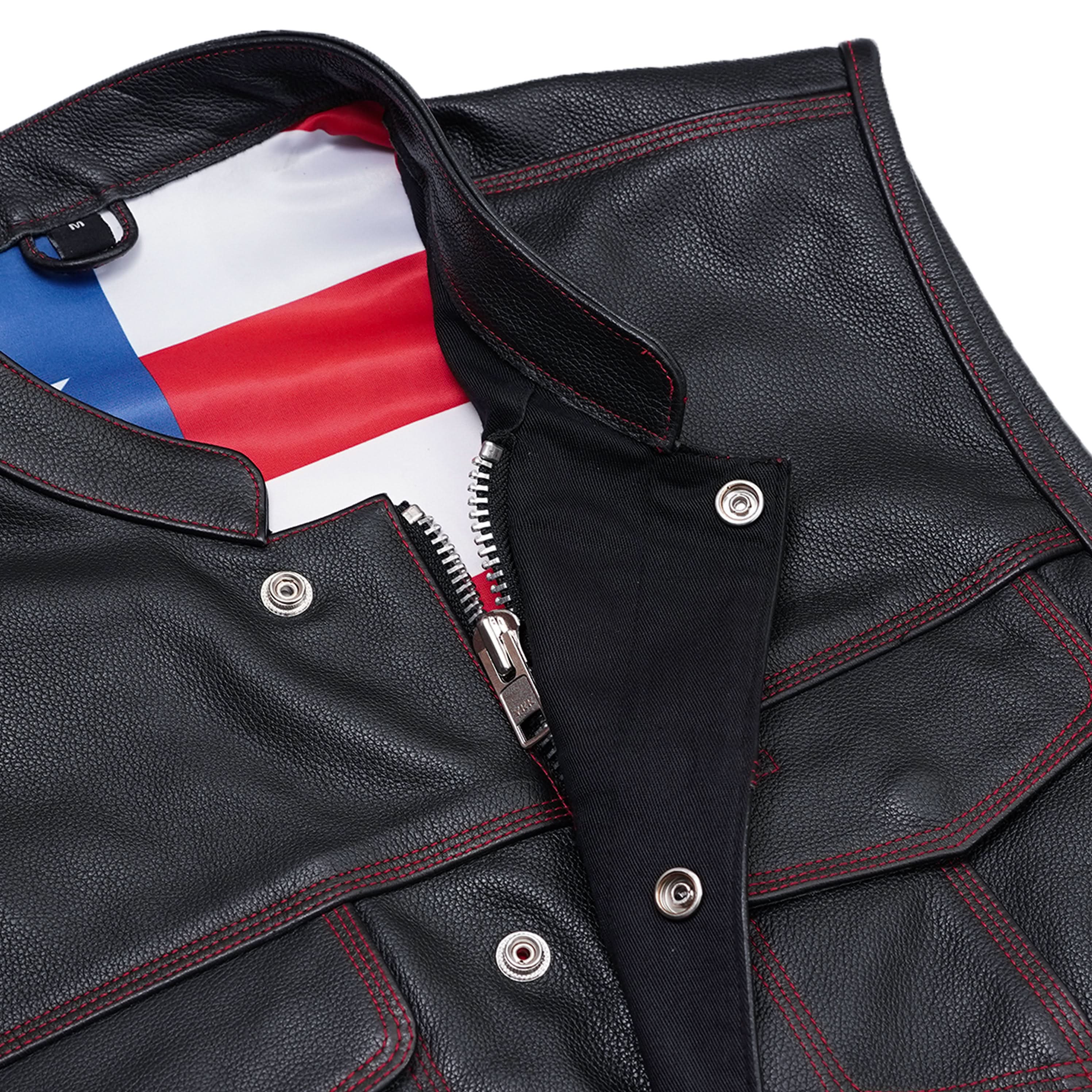 Mens's Leather Motorcycle Vest with Scoop Collar & USA Flag