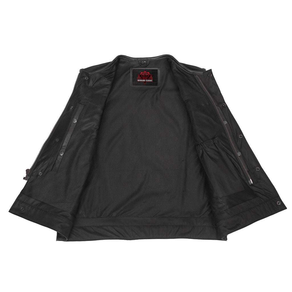 Men's Collarless Perforated Leather Vest - Black