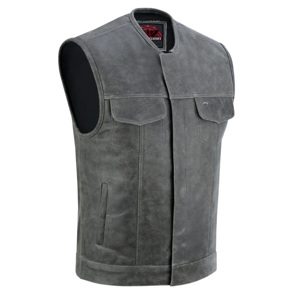 Men's Distressed Gray Cowhide Leather  Motorcycle Vest