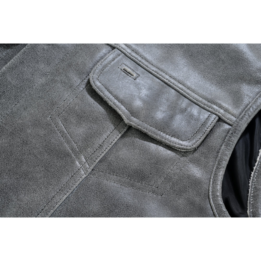 Men's Distressed Gray Cowhide Leather  Motorcycle Vest