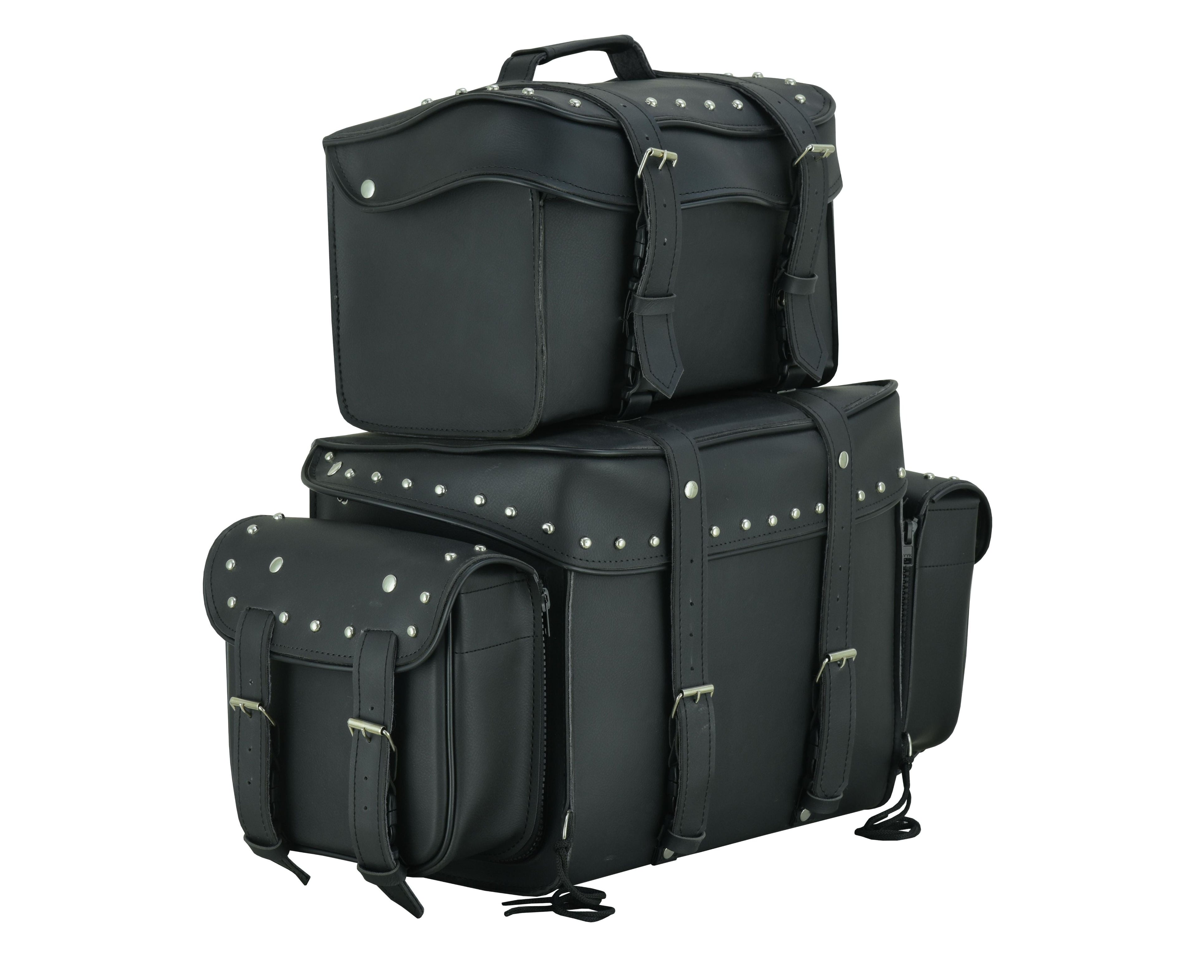 Leather Black PVC Large 4 Piece Motorcycle Touring Tail Bag wi