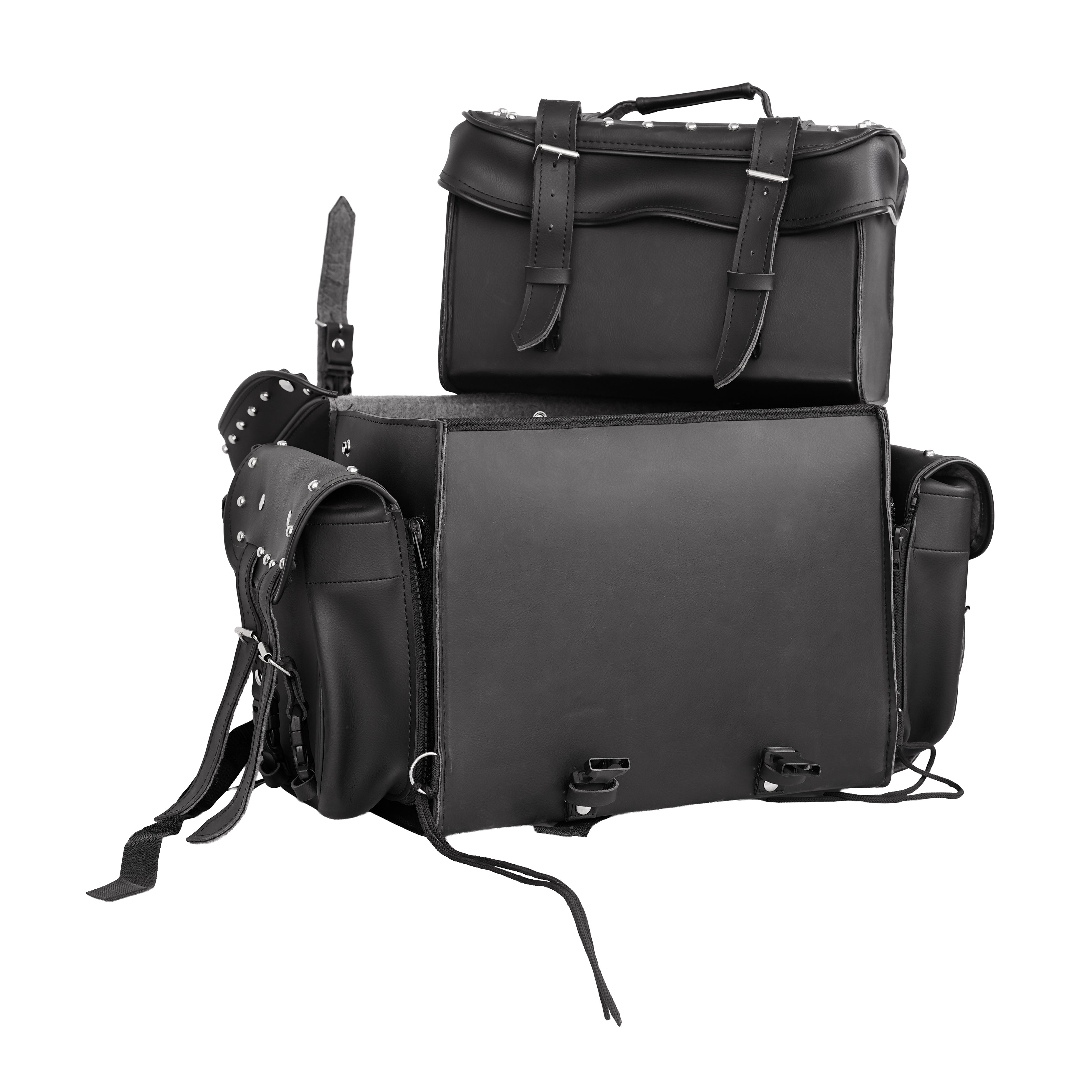 Leather Black PVC Large 4 Piece Motorcycle Touring Tail Bag wi