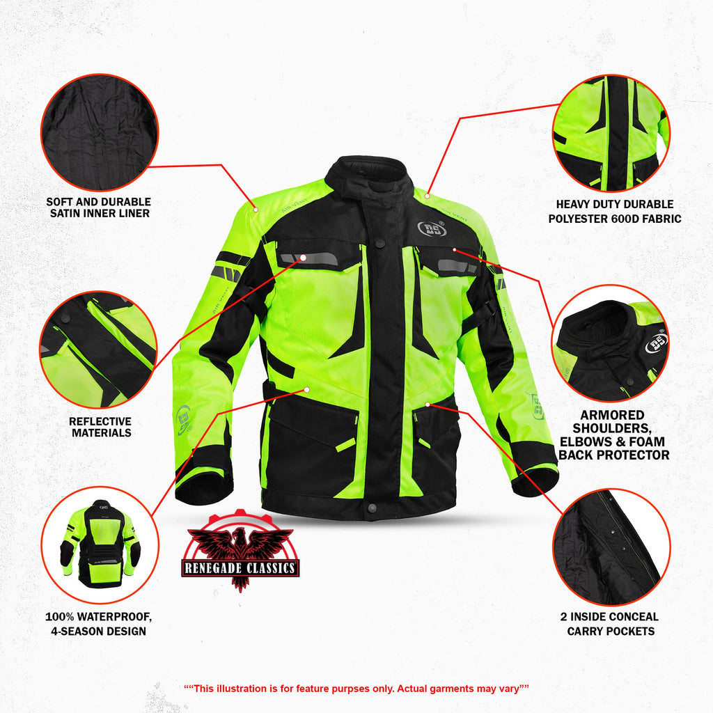 4-Season Hi-Vis Mens Textile Motorycyle Jacket  Waterproof & Ventilated