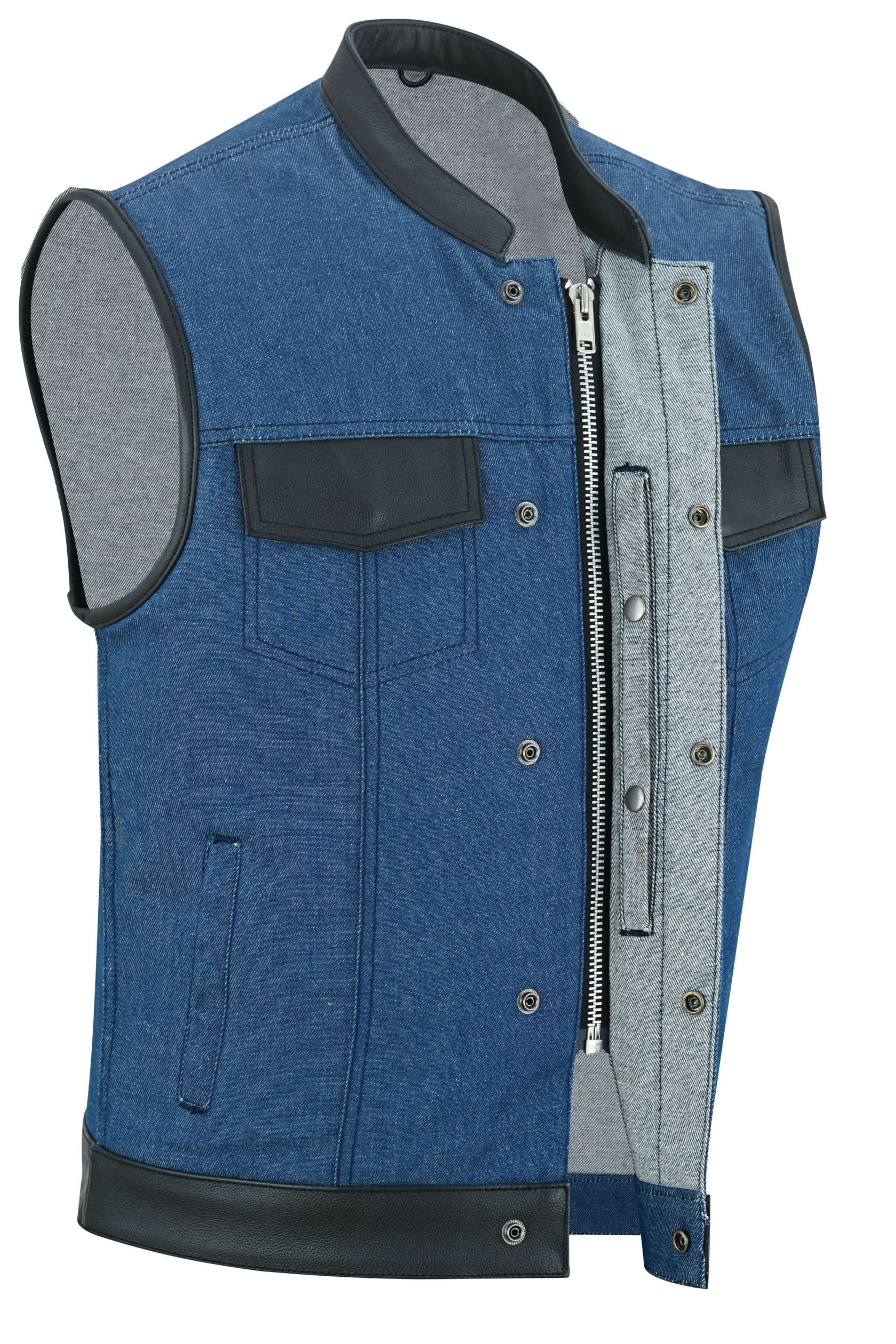 Men's Upgraded Broken Blue Denim Motorcycle Vest w/Leather Trimming